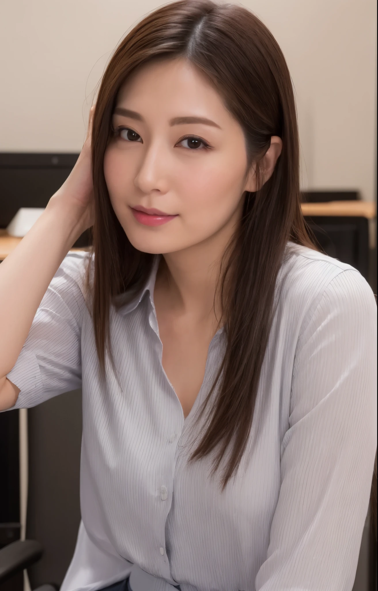 (Best quality, 8k, 32k, Masterpiece, UHD:1.2), from behind, 1 girl, beautiy Japanese office lady, (smile:0.5), (looking at the viewer), 30 years old, bit chubby, white shirt, black skirt, office room, desk, detailed beautiful face, pony-tail hair, from below,