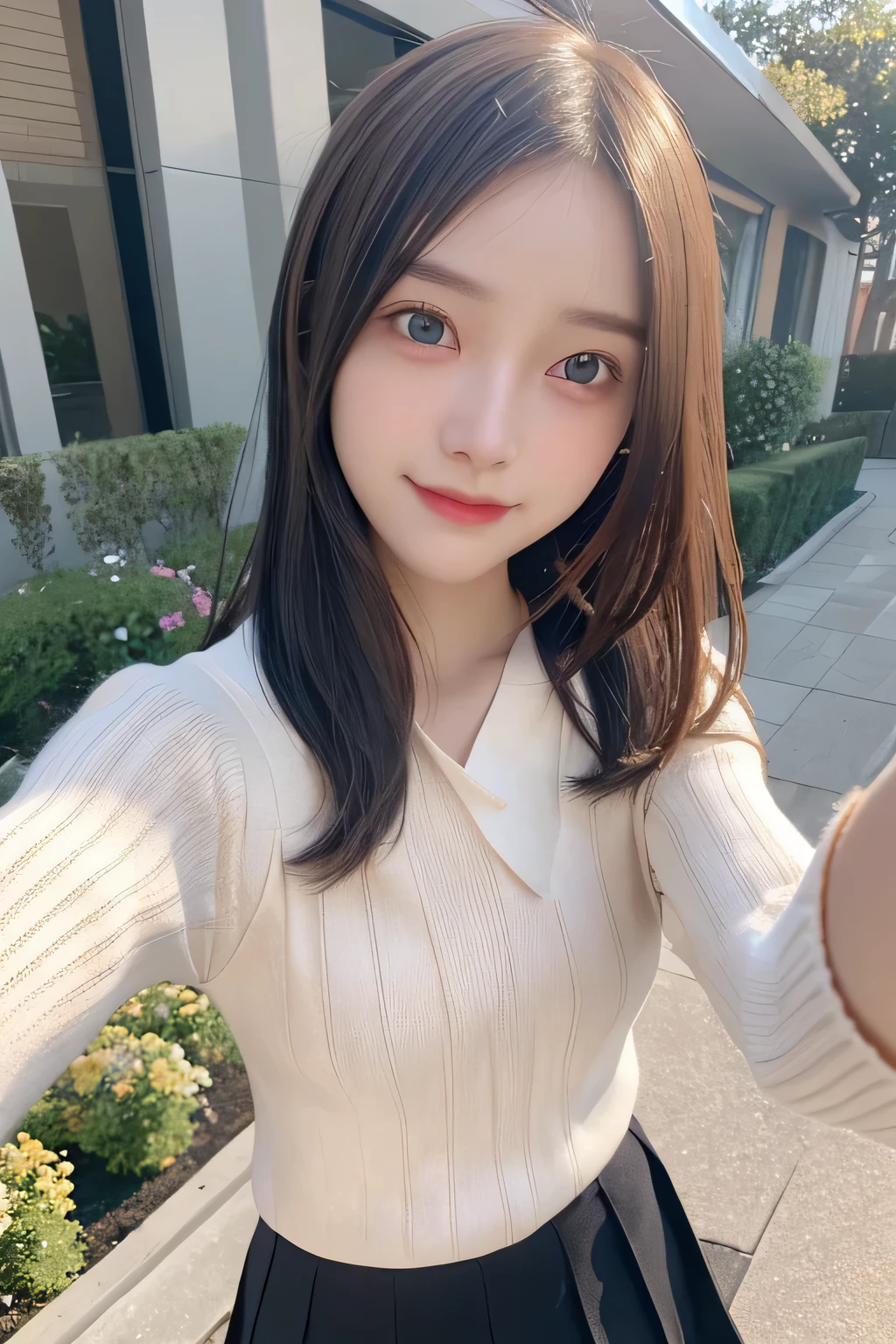 pieces fly、masterpiece、highest quality、Super detailed、High resolution、High resolution、8K portrait、unity 8k wallpaper、Detailed CG、unity 8k wallpaper、Detailed CGユニティ8kの壁紙、realistic、real person、portrait photography、shiny skin、()、(cute:1.2)、High resolution、beautiful clear eyes、very detailed explanation、delicate face、nice lips、thin waist、thin legs、1 girl、(fitted knit sweater:1.2)、(pleated skirt:1.2)、(flat chest:1.4)、((Self snap:1.4))、(smile:1.2)、(garden:1.2)