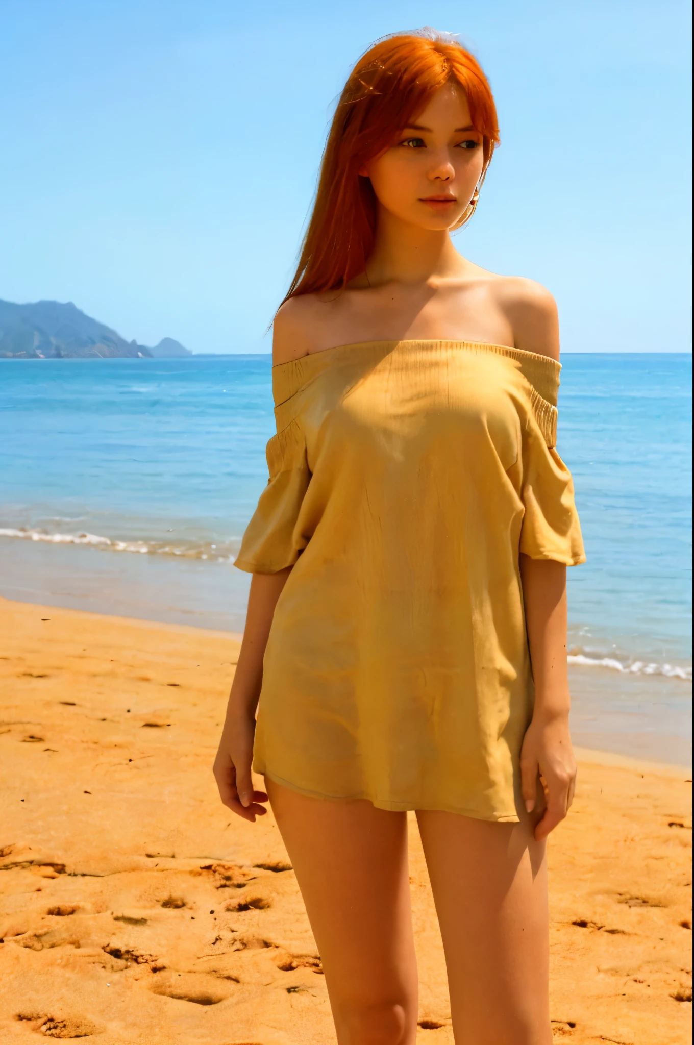 ((Best quality, 8k, Masterpiece :1.5)), 1girl, sephi-girl, (ginger hair:1.3), messy hair, (Mullet With Shaved Sides hair:1.2), (wearing off shoulder oversized blouse:1.4), ripped tights, red lipstick, sexy, outside, beach, sunny
