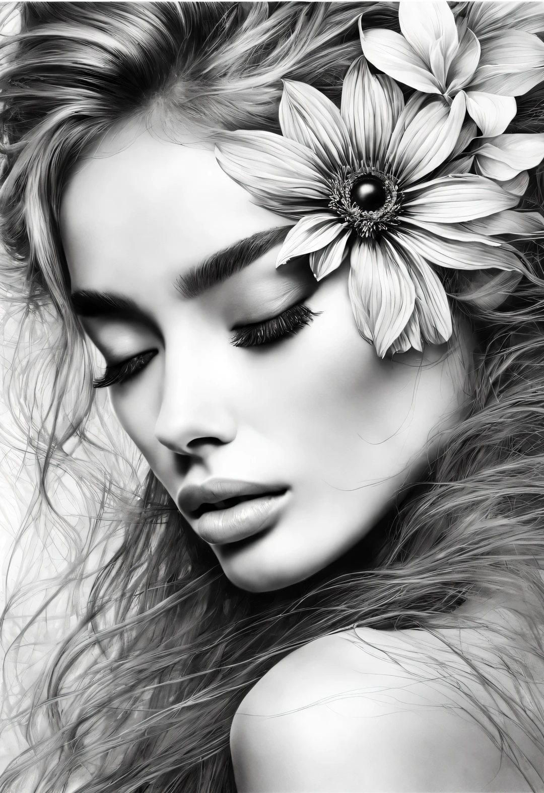 new romantic style, portrait, Beautiful detailed，Stylish photography style,Graphite painting art style,light field photography style, black and white photography，The perfect blend of styles
 （front） a beautiful woman，one eye closed，The other eye is covered by flowers，messy long hair