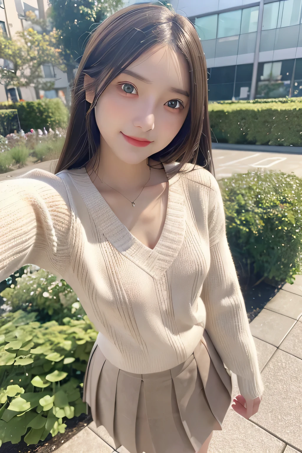 pieces fly、masterpiece、highest quality、Super detailed、High resolution、High resolution、8K portrait、unity 8k wallpaper、Detailed CG、unity 8k wallpaper、Detailed CGユニティ8kの壁紙、realistic、real person、portrait photography、shiny skin、(16 years old)、(cute:1.2)、High resolution、beautiful clear eyes、very detailed explanation、delicate face、nice lips、thin waist、thin legs、1 girl、(fitted knit sweater:1.2)、(pleated skirt:1.2)、(flat chest:1.4)、((Self snap:1.4))、(smile:1.2)、(garden:1.2)