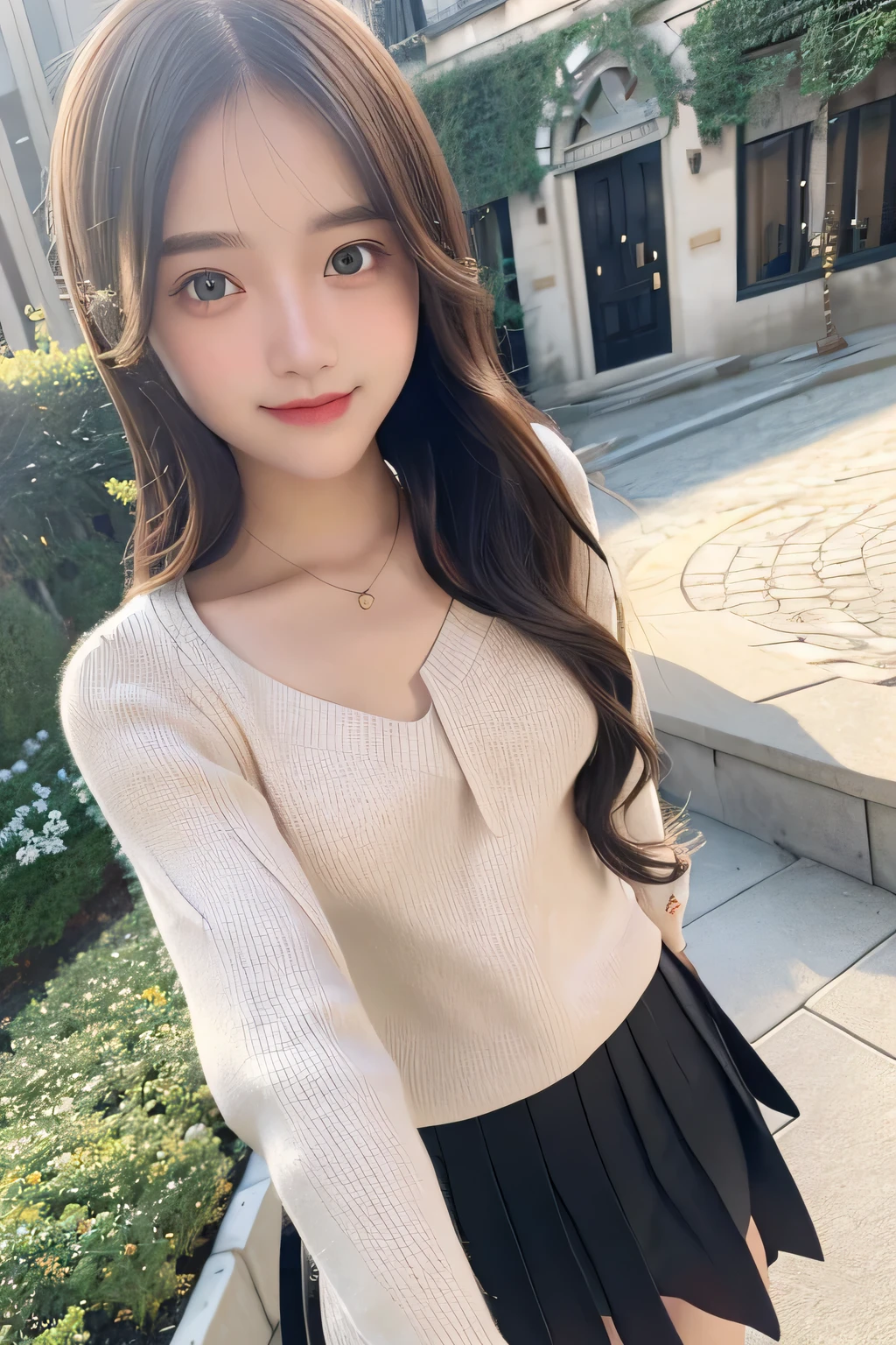 pieces fly、masterpiece、highest quality、Super detailed、High resolution、High resolution、8K portrait、unity 8k wallpaper、Detailed CG、unity 8k wallpaper、Detailed CGユニティ8kの壁紙、realistic、real person、portrait photography、shiny skin、(16 years old)、(cute:1.2)、High resolution、beautiful clear eyes、very detailed explanation、delicate face、nice lips、thin waist、thin legs、1 girl、(fitted knit sweater:1.2)、(pleated skirt:1.2)、(flat chest:1.4)、((Self snap:1.4))、(smile:1.2)、(garden:1.2)、(wavy hair:1.2)