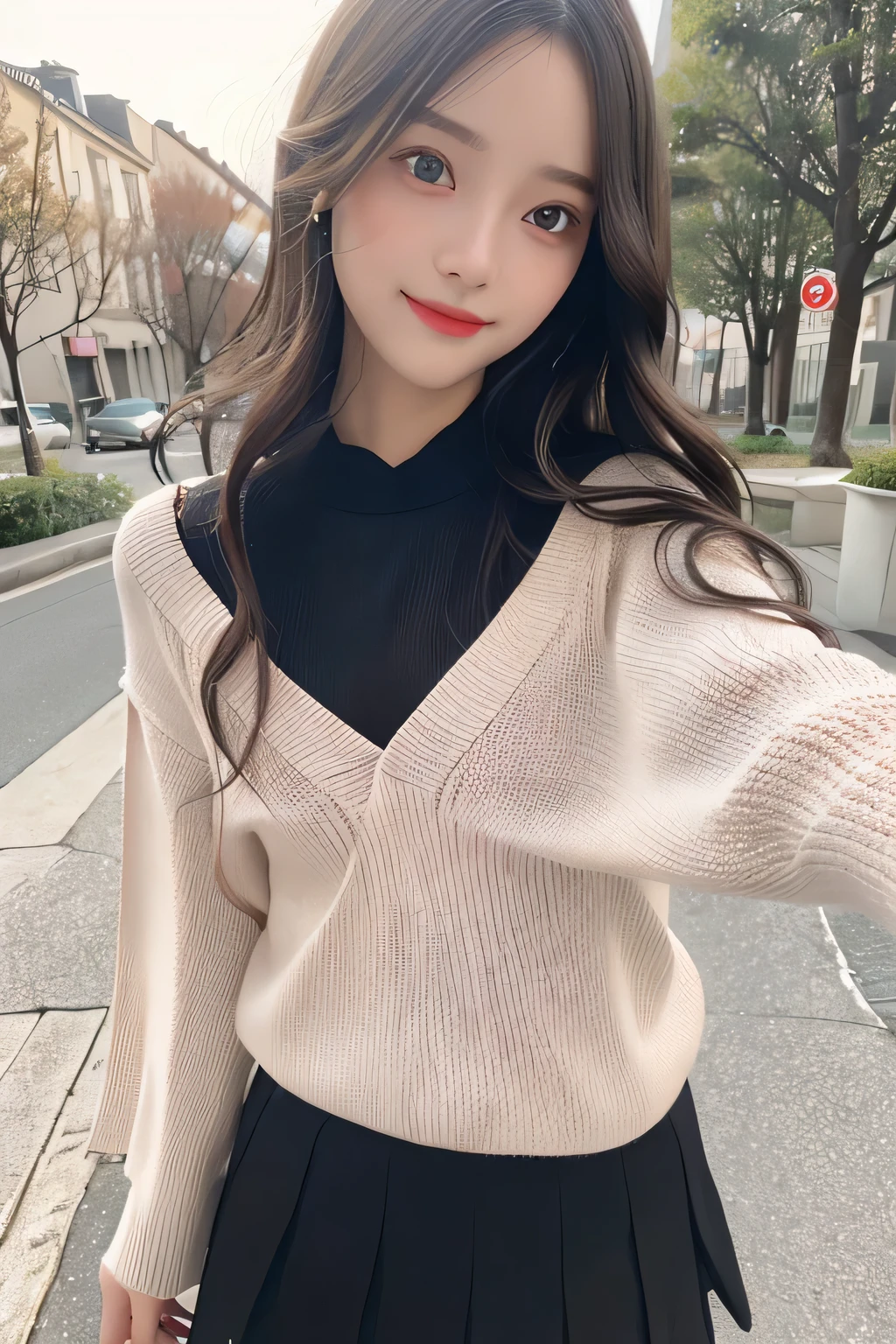 pieces fly、masterpiece、highest quality、Super detailed、High resolution、High resolution、8K portrait、unity 8k wallpaper、Detailed CG、unity 8k wallpaper、Detailed CGユニティ8kの壁紙、realistic、real person、portrait photography、shiny skin、(16 years old)、(cute:1.2)、High resolution、beautiful clear eyes、very detailed explanation、delicate face、nice lips、thin waist、thin legs、1 girl、(black fitted knit sweater:1.2)、(pleated skirt:1.2)、(flat chest:1.4)、((Self snap:1.4))、(smile:1.2)、(Walking trail:1.2)、(wavy hair:1.2)