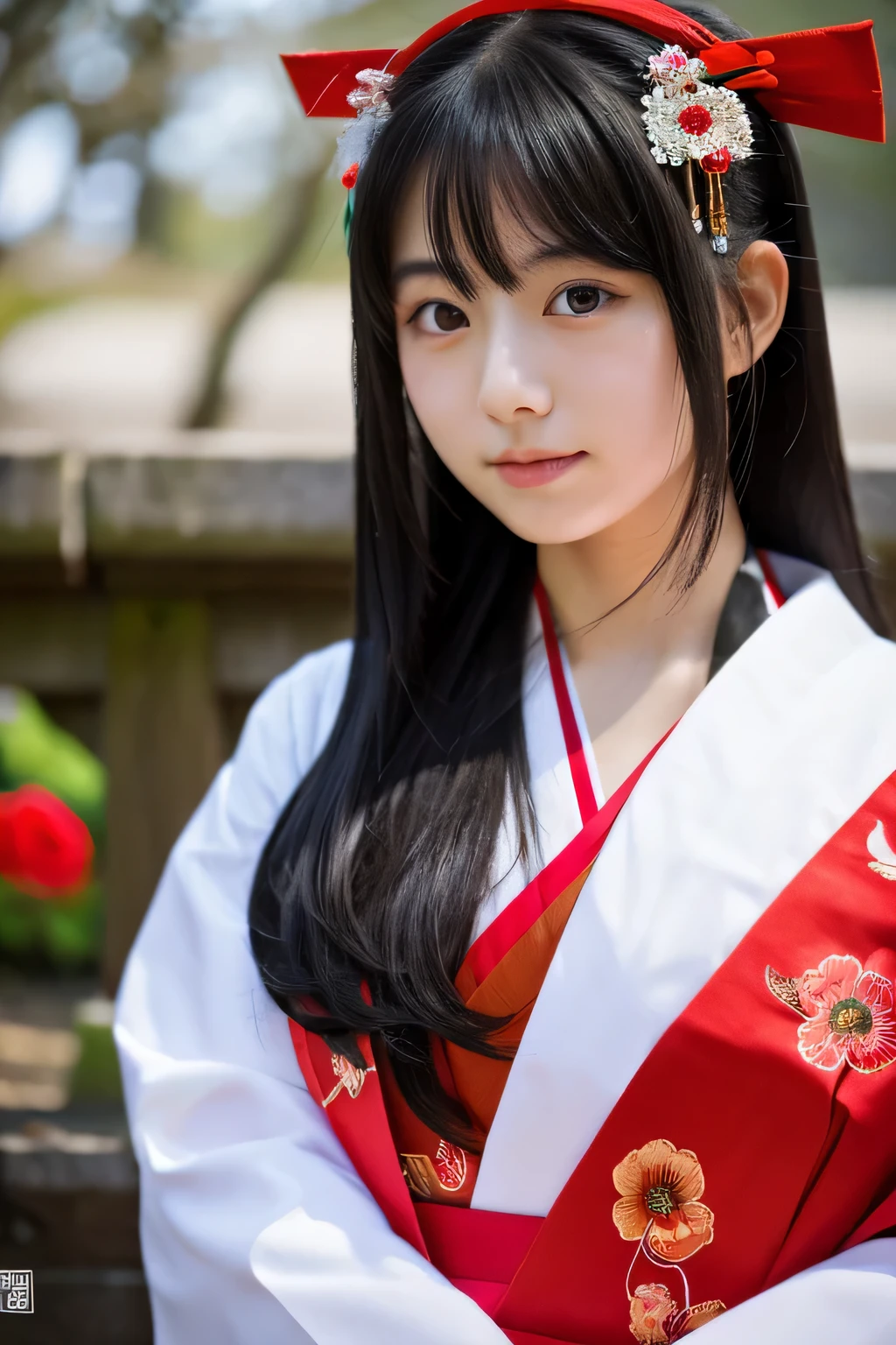 highest quality、8K、pretty girl、Japanese shrine maiden、Idol、blacK hair、long hair、Vermilion haKama、whole body、detailed face、front angle、