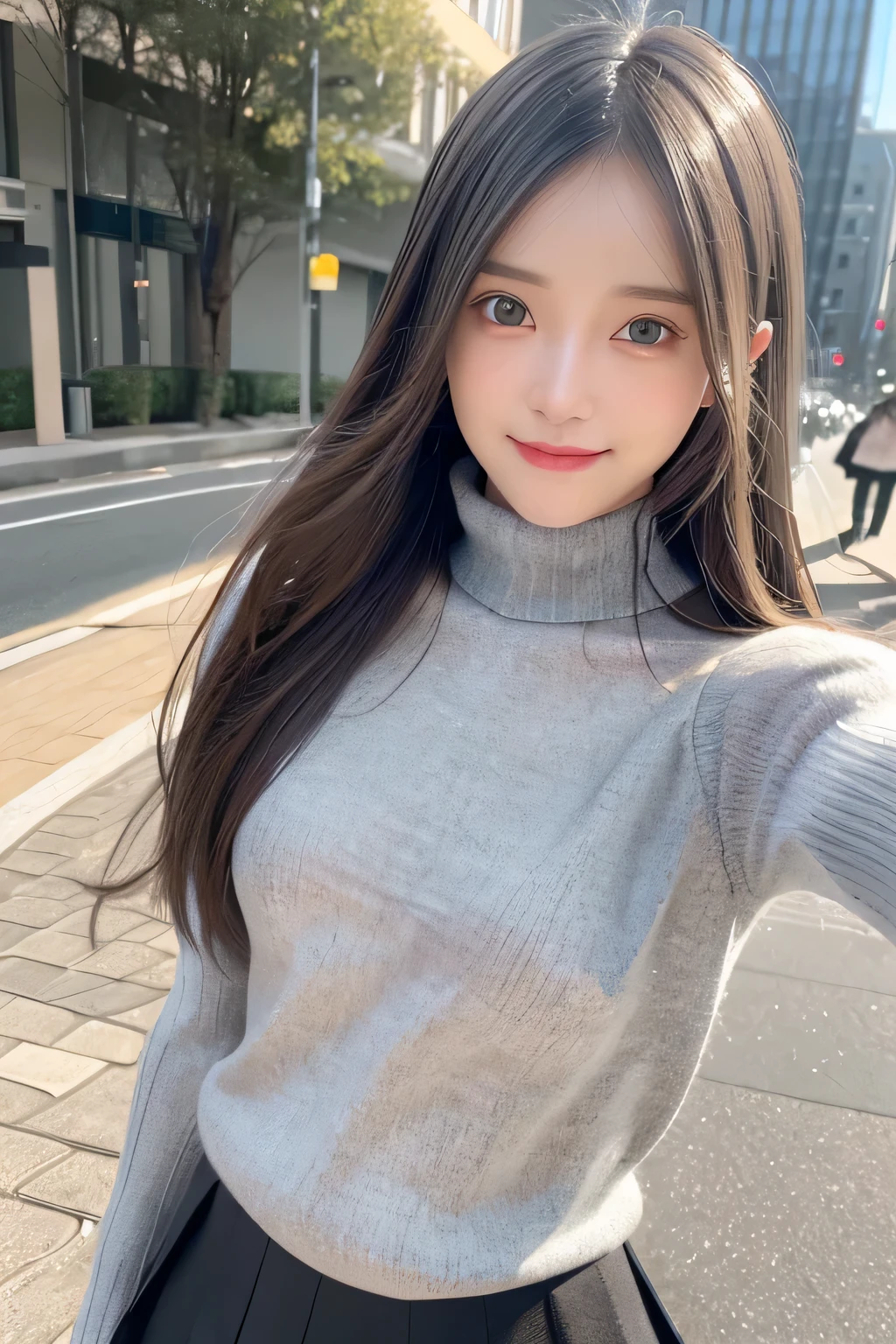 pieces fly、masterpiece、highest quality、Super detailed、High resolution、High resolution、8K portrait、unity 8k wallpaper、Detailed CG、unity 8k wallpaper、Detailed CGユニティ8kの壁紙、realistic、real person、portrait photography、shiny skin、(30 years old)、High resolution、beautiful clear eyes、very detailed explanation、delicate face、nice lips、thin waist、thin legs、1 girl、(Gray turtleneck knit sweater:1.2)、(pleated skirt:1.2)、(flat chest:1.4)、((Self snap:1.4))、(smile:1.2)、(Walking trail:1.2)