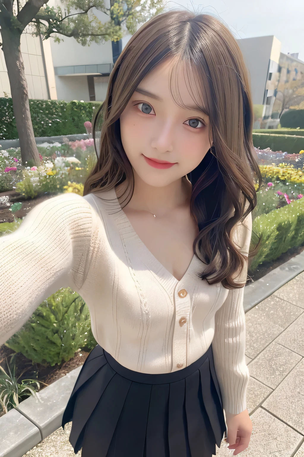 pieces fly、masterpiece、highest quality、Super detailed、High resolution、High resolution、8K portrait、unity 8k wallpaper、Detailed CG、unity 8k wallpaper、Detailed CGユニティ8kの壁紙、realistic、real person、portrait photography、shiny skin、(16 years old)、(cute:1.2)、High resolution、beautiful clear eyes、very detailed explanation、delicate face、nice lips、thin waist、thin legs、1 girl、(fitted knit sweater:1.2)、(pleated skirt:1.2)、(flat chest:1.4)、((Self snap:1.4))、(smile:1.2)、(garden:1.2)、(wavy hair:1.2)