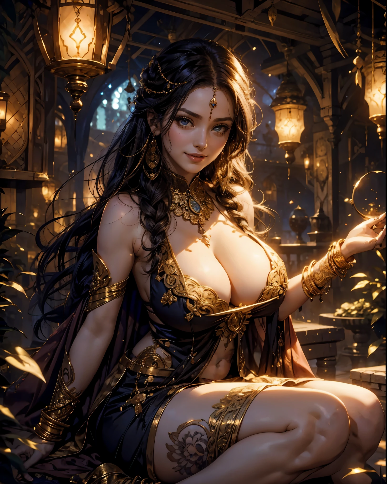 a sexy woman swinging in sky, sorceress, wearing a silk tight dress, fashion, wearing ornate silk clothes, sexy huge breasts, cleavage, sexy pose, smiley face, smile on face, wind sorcerer, sorcerer, mehndi patterns, lovely princess, hippie fashion, maya ali wind sorcerer