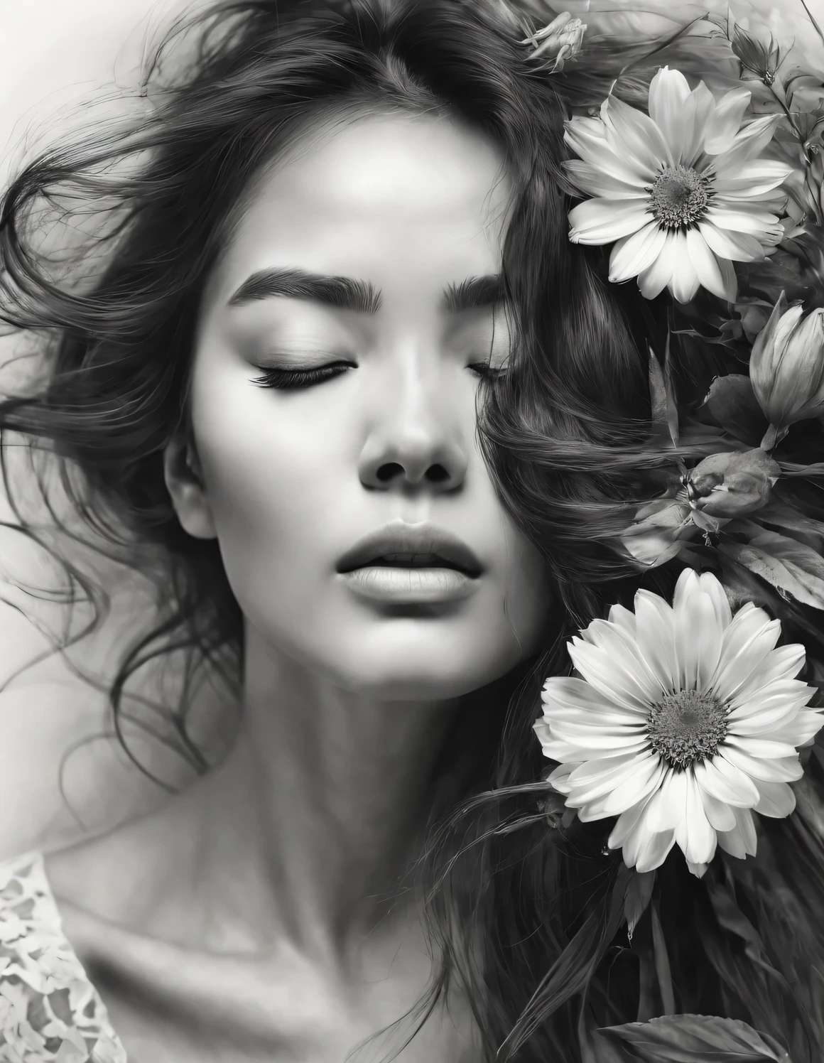 new romantic style, portrait, Beautiful detailed,Stylish photography style,Graphite painting art style,light field photography style, black and white photography,The perfect blend of styles (front) a beautiful woman,one eye closed,The other eye is covered by flowers,messy long hair