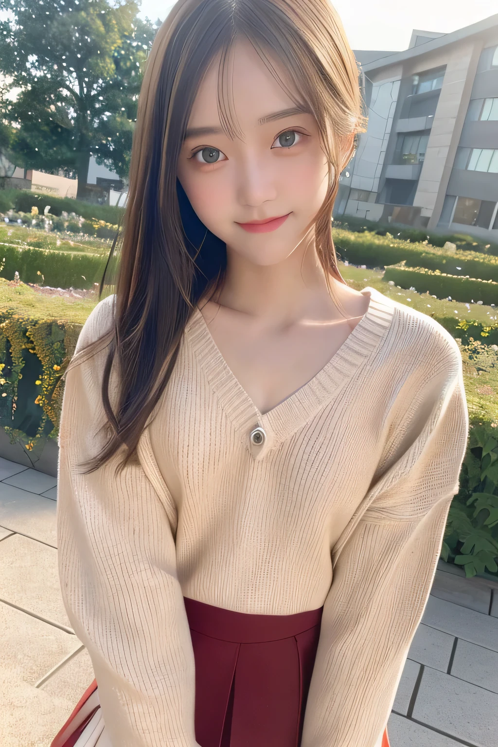 pieces fly、masterpiece、highest quality、Super detailed、High resolution、High resolution、8K portrait、unity 8k wallpaper、Detailed CG、unity 8k wallpaper、Detailed CGユニティ8kの壁紙、realistic、real person、portrait photography、shiny skin、()、(cute:1.2)、High resolution、beautiful clear eyes、very detailed explanation、delicate face、nice lips、thin waist、thin legs、1 girl、(fitted knit sweater:1.2)、(pleated skirt:1.2)、(flat chest:1.4)、((Self snap:1.4))、(smile:1.2)、(garden:1.2)