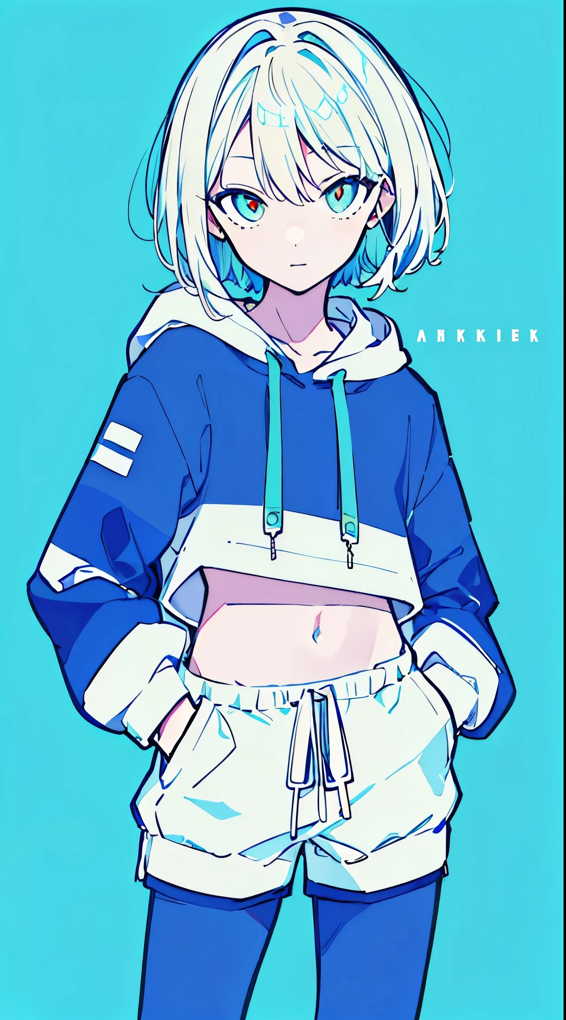(masterpiece, highest quality:1.6), alone, thick outline, (simple background, Dark light blue background, monochrome, dark blue theme:1.2), official art, Key Visual, 8K, confused, whole body, (Unique hair, oversized hoodie, hot pants, arch back, short torso:1.2), belly button, thighs, cowboy shot, HDR, sharp focus, High resolution, most detailed, very detailed, Super detailed, finely, detailed eyes and face, sharp pupils, realistic student, alone, Contrast between light blue and white, alone, put one'Hand in hand'pocket of