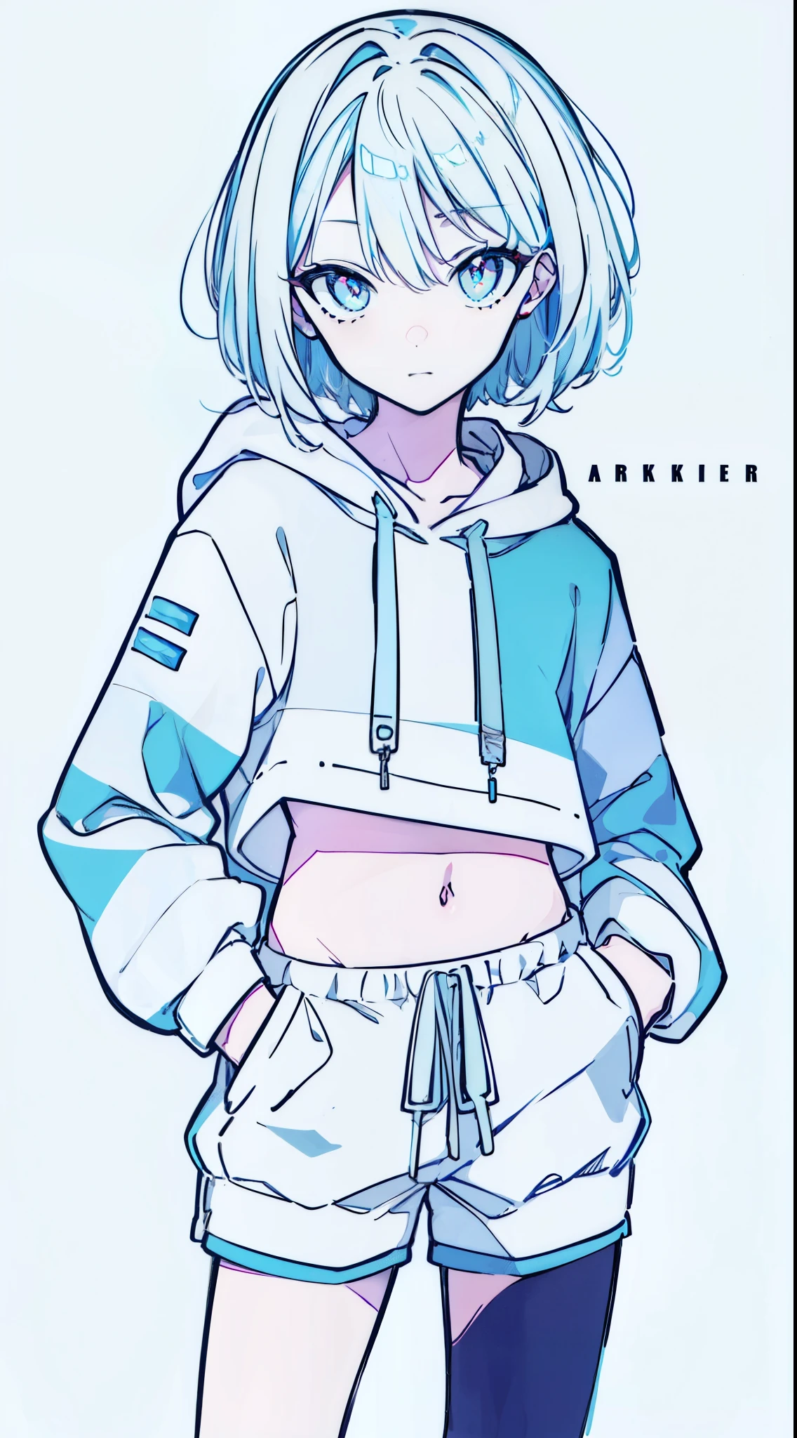 (masterpiece, highest quality:1.6), alone, thick outline, (simple background, Dark light blue background, monochrome, dark blue theme:1.2), official art, Key Visual, 8K, confused, whole body, (Unique hair, oversized hoodie, hot pants, arch back, short torso:1.2), belly button, thighs, cowboy shot, HDR, sharp focus, High resolution, most detailed, very detailed, Super detailed, finely, detailed eyes and face, sharp pupils, realistic student, alone, Contrast between light blue and white, alone, put one&#39;Hand in hand&#39;pocket of