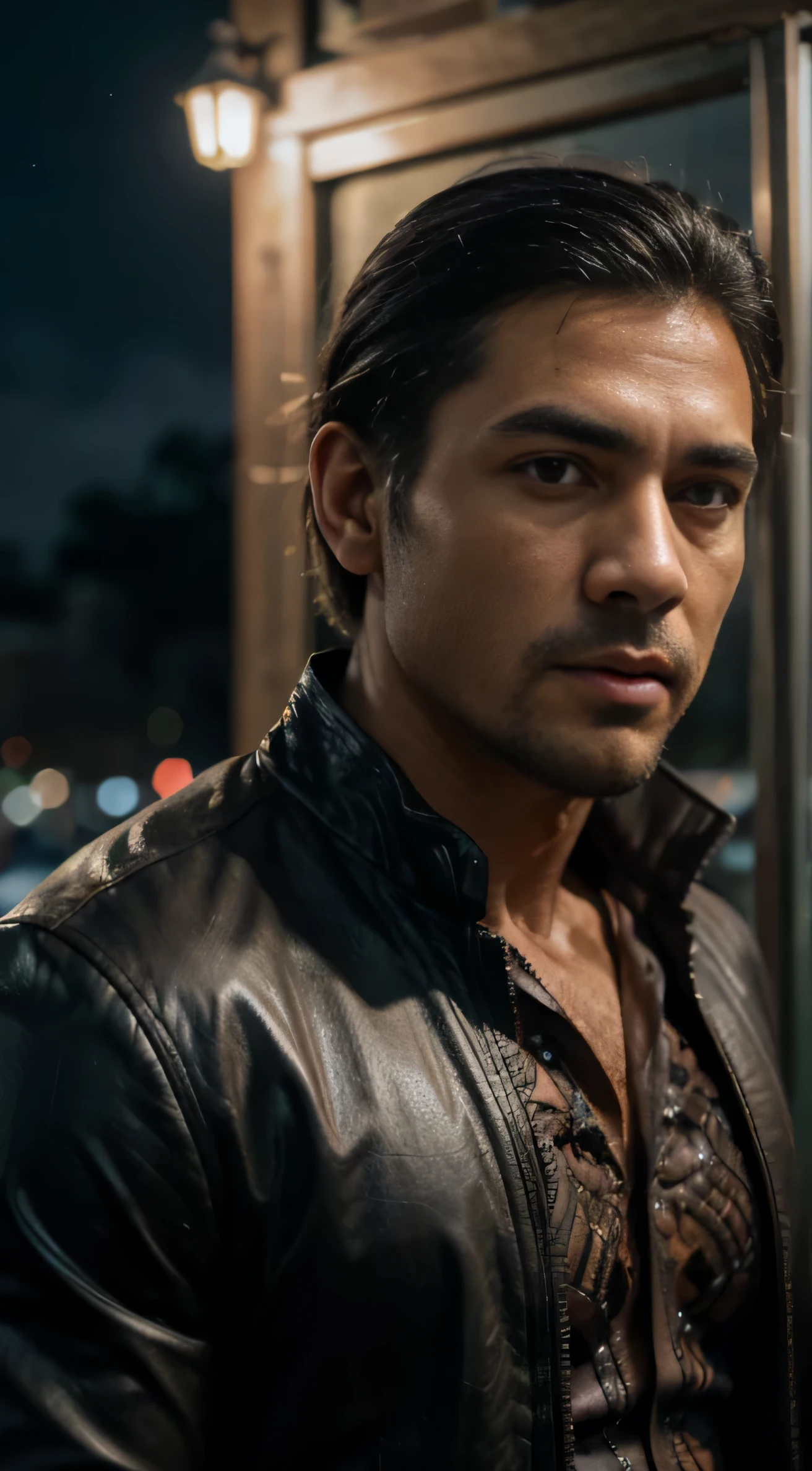 (8K, RAW photo, Highest quality),Realistic,1 man,frontage,Intricate details,Closed mouth,Muscular male,Manly,looks away,Male focus,Solo,Transparent coat,Indonesian short hair,Night sky,Soft lighting,Cinematic lighting,Portrait,Close-up,Lovingly