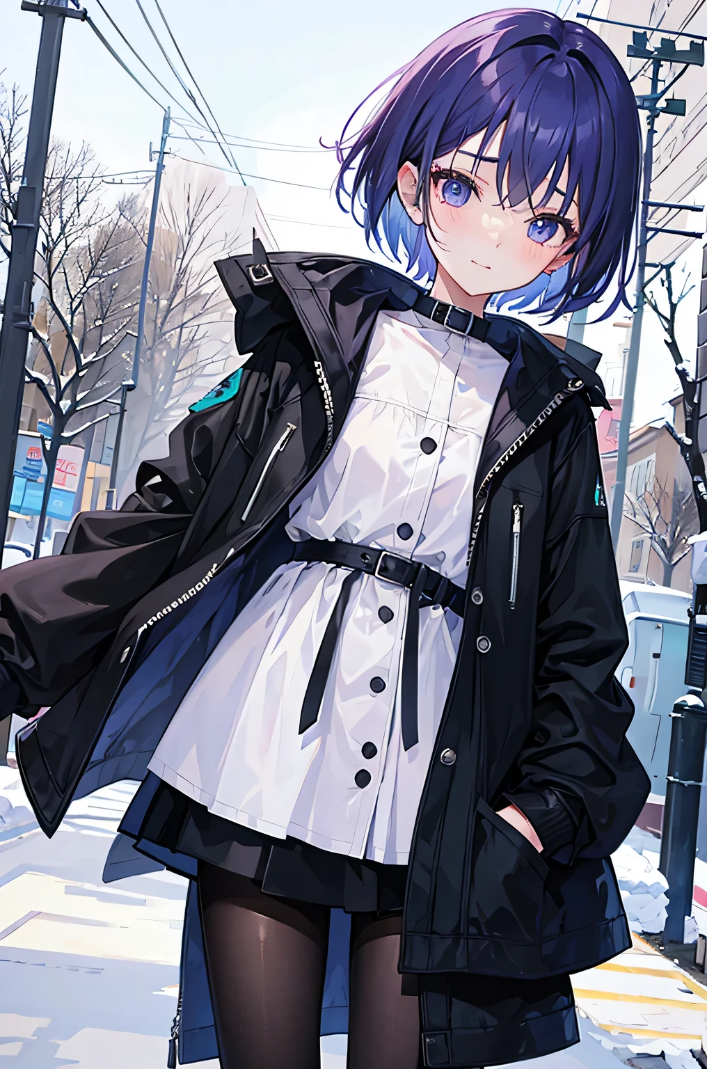 a  girl，Blue purple medium short hair，Have dull hair，good facial features，blush，Lovely，close eyes，listless，Smile，snow，Wearing a black cotton-padded jacket，black skirt，Hand pockets，exhale，Under a tree on the street，noon sun，blow dry