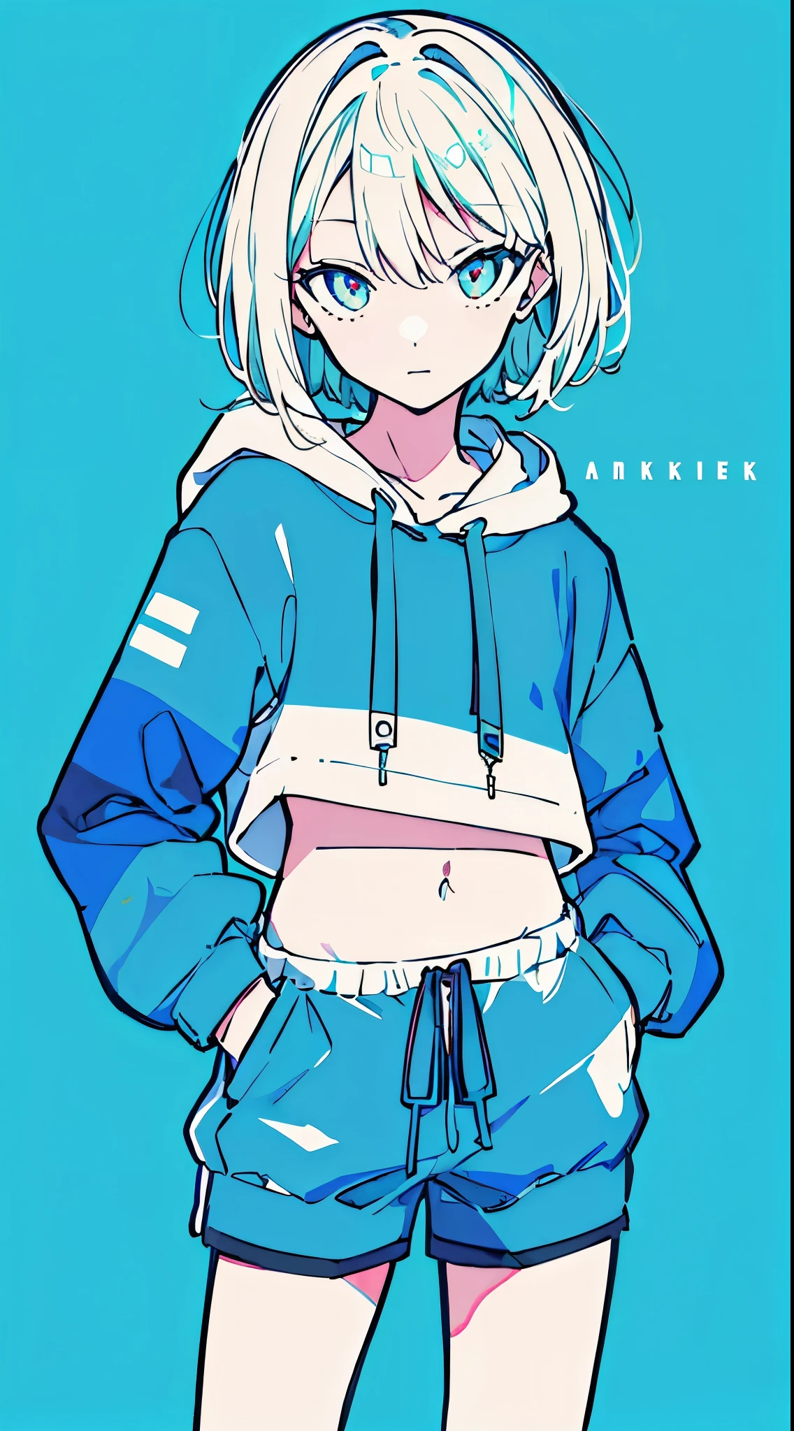 (masterpiece, highest quality:1.6), alone, thick outline, (simple background, Dark light blue background, monochrome, dark blue theme:1.2), official art, Key Visual, 8K, confused, whole body, (Unique hair, oversized hoodie, hot pants, arch back, short torso:1.2), belly button, thighs, cowboy shot, HDR, sharp focus, High resolution, most detailed, very detailed, Super detailed, finely, detailed eyes and face, sharp pupils, realistic student, alone, Contrast between light blue and white, alone, put one&#39;Hand in hand&#39;pocket of
