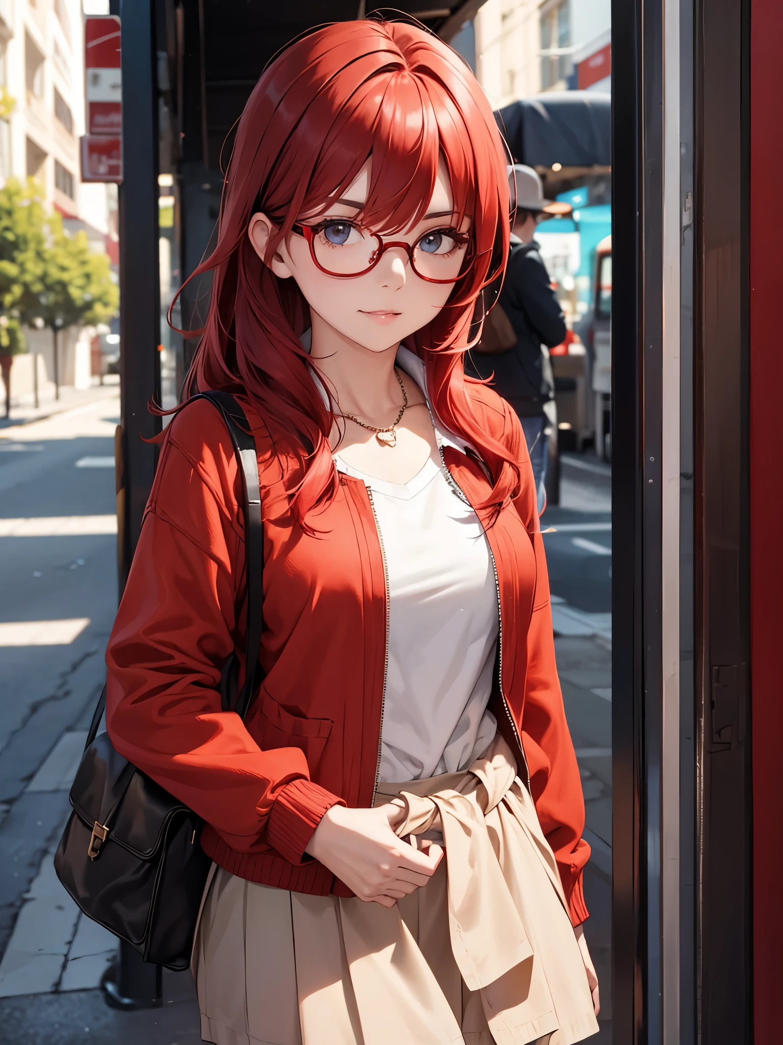 A mature girl, red hair, wesring glasses