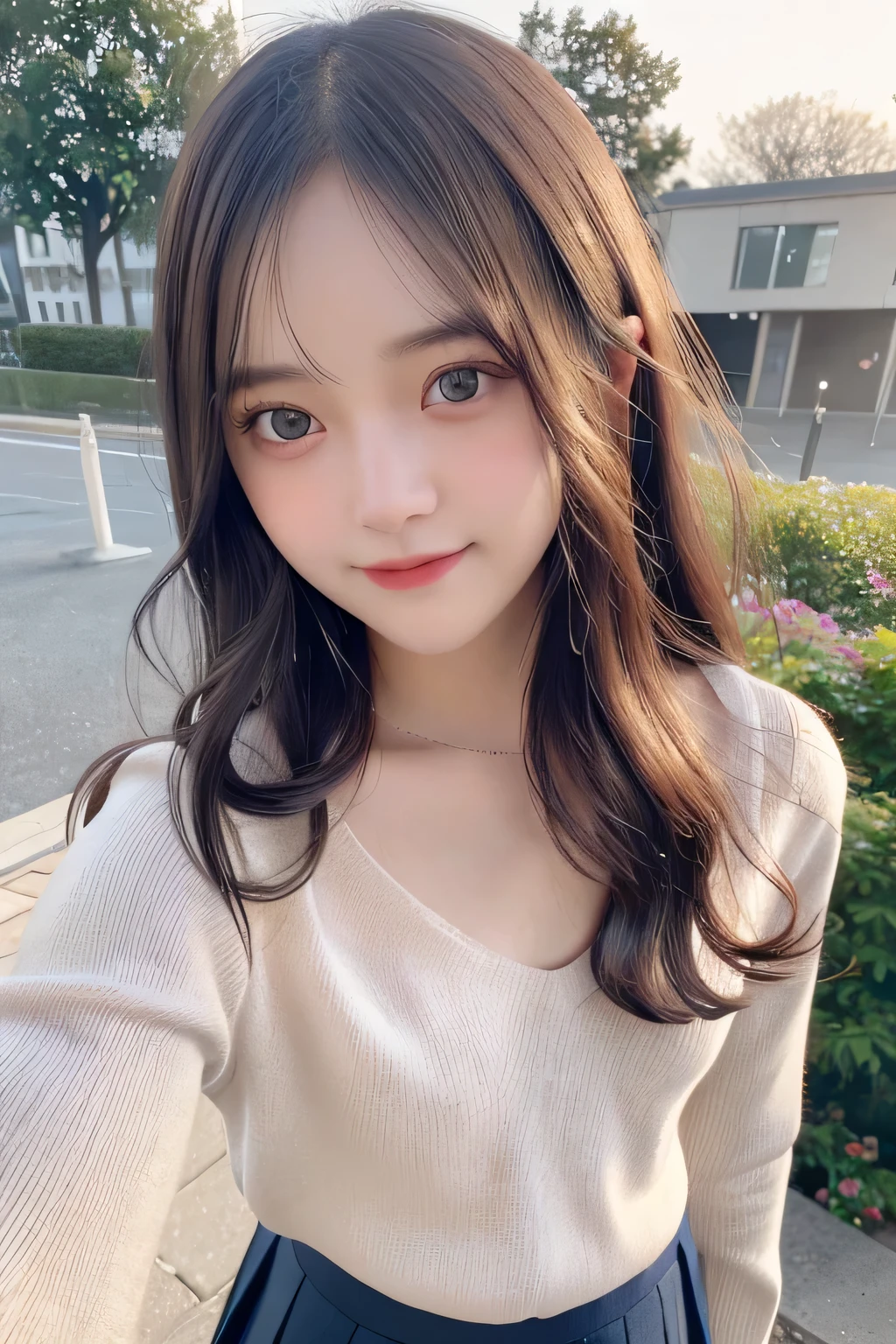 pieces fly、masterpiece、highest quality、Super detailed、High resolution、High resolution、8K portrait、unity 8k wallpaper、Detailed CG、unity 8k wallpaper、Detailed CGユニティ8kの壁紙、realistic、real person、portrait photography、shiny skin、()、(cute:1.2)、High resolution、beautiful clear eyes、very detailed explanation、delicate face、nice lips、thin waist、thin legs、1 girl、(Navy Knit Sweater:1.2)、(pleated skirt:1.2)、(flat chest:1.4)、((Self snap:1.4))、(smile:1.2)、(garden:1.2)、(wavy hair:1.2)