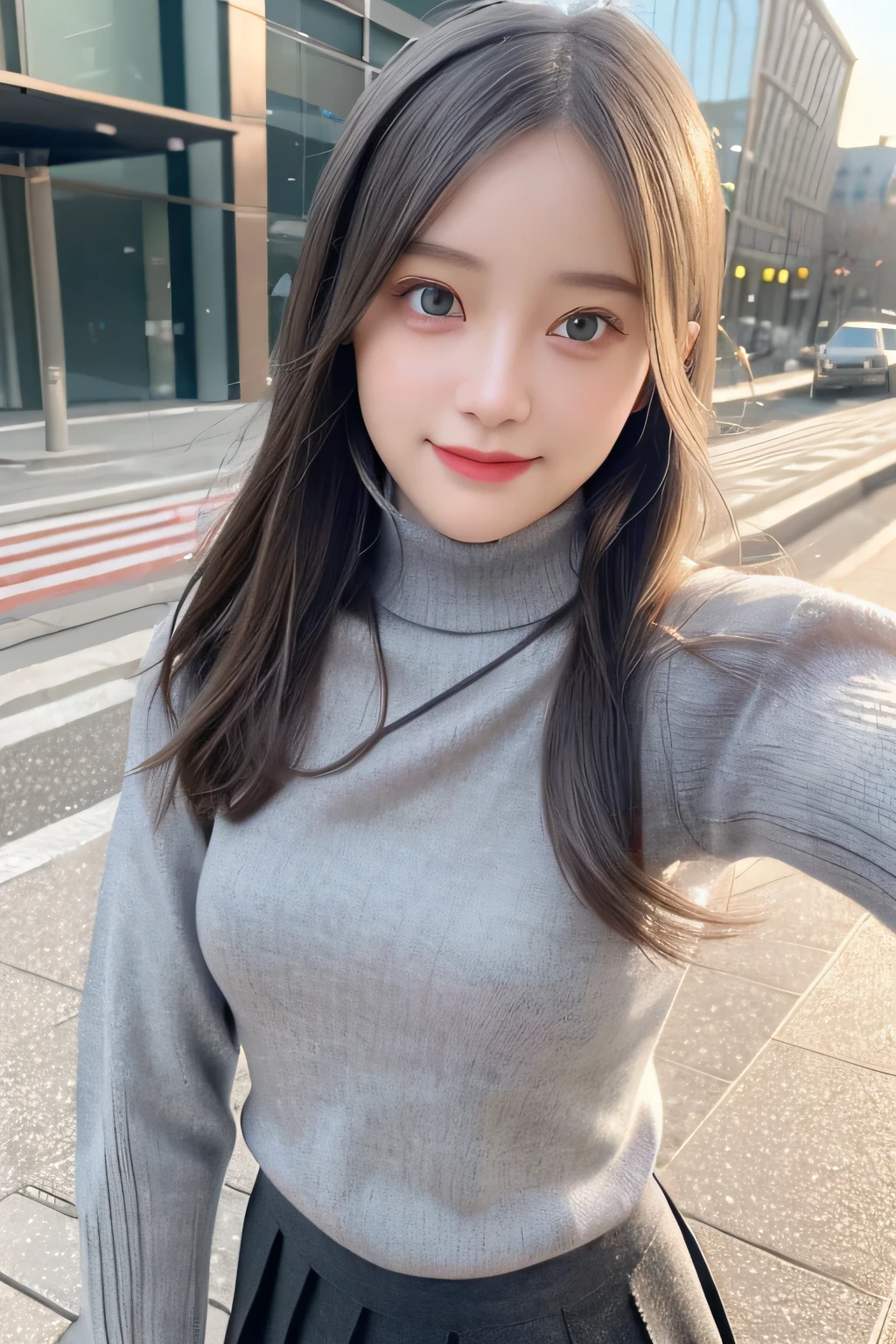 pieces fly、masterpiece、highest quality、Super detailed、High resolution、High resolution、8K portrait、unity 8k wallpaper、Detailed CG、unity 8k wallpaper、Detailed CGユニティ8kの壁紙、realistic、real person、portrait photography、shiny skin、(30 years old)、High resolution、beautiful clear eyes、very detailed explanation、delicate face、nice lips、thin waist、thin legs、1 girl、(Gray turtleneck knit sweater:1.2)、(pleated skirt:1.2)、(flat chest:1.4)、((Self snap:1.4))、(smile:1.2)、(Walking trail:1.2)
