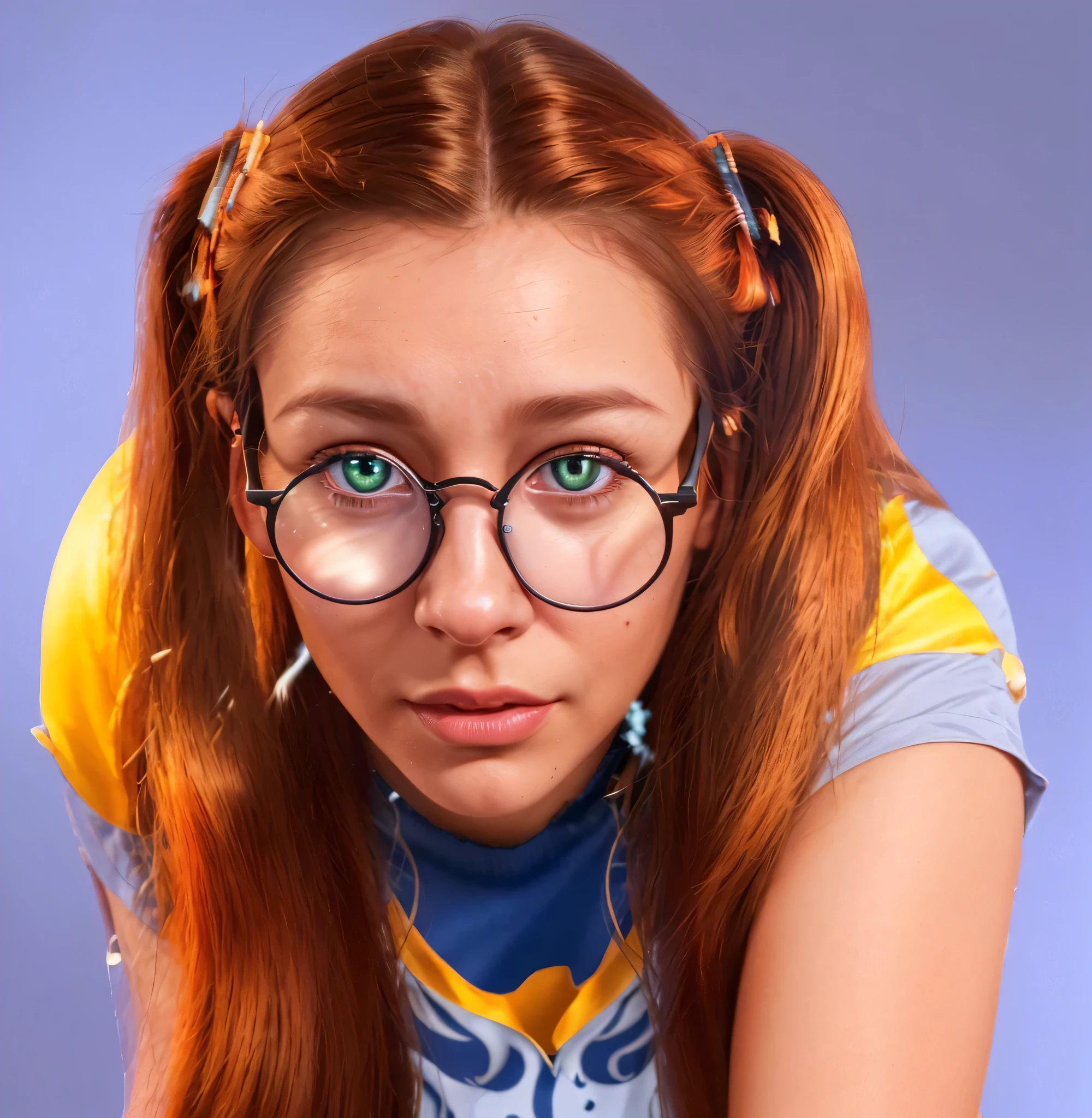 satin skin with natural texture, ultra realistic hyper realistic body skin texture ultra realistic a girl with long brown ponytails, black round glasses, wearing a bright shirt and glasses, stretches out her hands. She has a frightened expression on her face, perfect smooth skin. with long brown hair and glasses, smoot, multiple light sources, rim light, sharp post effects render, perfect cgi, anthropomorphic cat, digital art, detailed digital art, reflective, best quality, 4k, masterpiece:1.2, ultra-detailed, realistic, vivid colors, dark and moody lighting, The image of the highest quality, ensuring every detail showcased perfectly. It in 4k resolution, allowing viewers to immerse themselves in the richness of the colors and intricate details. The realistic rendering. under the spotlight, reflecting, high-resolution image, realistic rendering, dark background, and rim light