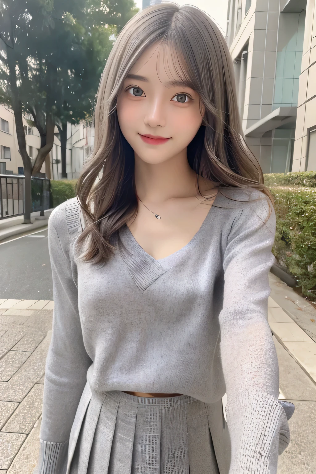 pieces fly、masterpiece、highest quality、Super detailed、High resolution、High resolution、8K portrait、unity 8k wallpaper、Detailed CG、unity 8k wallpaper、Detailed CGユニティ8kの壁紙、realistic、real person、portrait photography、shiny skin、()、(cute:1.2)、High resolution、beautiful clear eyes、very detailed explanation、delicate face、nice lips、thin waist、thin legs、1 girl、(gray fitted knit sweater:1.2)、(pleated skirt:1.2)、(flat chest:1.4)、((Self snap:1.4))、(smile:1.2)、(Walking trail:1.2)、(wavy hair:1.2)