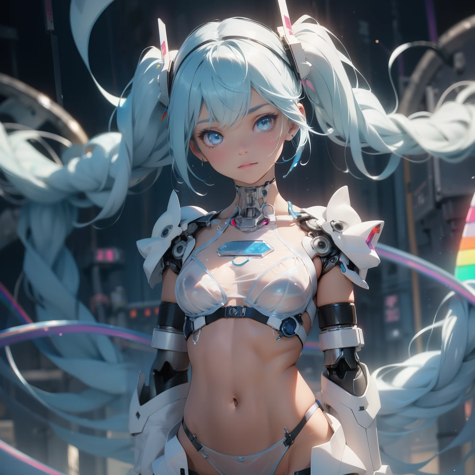 (quality)), ((masterpiece)), Recommended results、y nippe through:1.5)、straightour back、abdominal muscles、huge bust、angle to floor:1.2、low camera angle、Hair loss on crotch,Hatsune Miku,super detailed)), (Very detailed的CG插画), ((extremely delicate and beautiful)),(1 white transparent mechanical girl)),alone,whole body,(Machine made joints:1.2),((mechanical limbs)),(Flashing blood vessel points connected to tubes),(Mechanical vertebrae attached to the back,with flowing glitter.),((Flowing rainbow fixed around neck)),perfect round face,(wires and cables attaching to neck:1.2),(Rainbow wires and cables on the head:1.2)(Character focus),,Very detailed,rich and colorful,most detailed,white ceramic skin,blue short hair