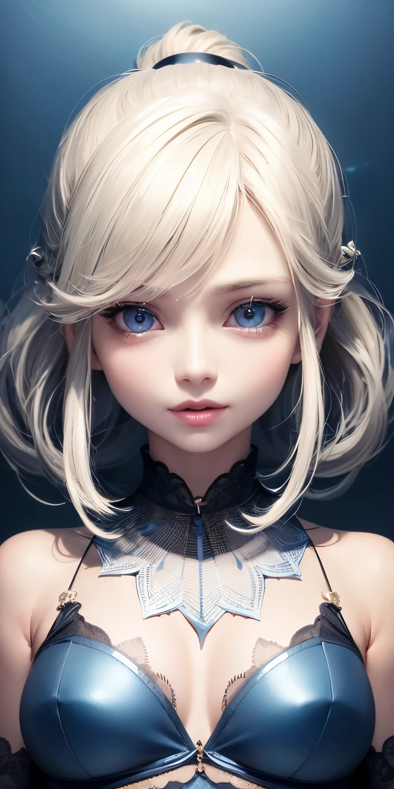 one person１８Beautiful woman of age、Moisturizing and beautiful eyes、ciri、picture、oval jaw、delicate features、beautiful expression、beautiful blonde hair、long bangs、long ponytail、Blue eyes with a beautiful glow、LDS Art,Fashion model 25 years old、[[[[Close-up]]]]、[[[[chest]]]]、[[[[head]]]]、[[[[shoulder]]]]、perfect eyes、Perfect iris、perfect lips、perfect teeth、perfect skin、soft front light、glow、HDR、(calm color 1.2)