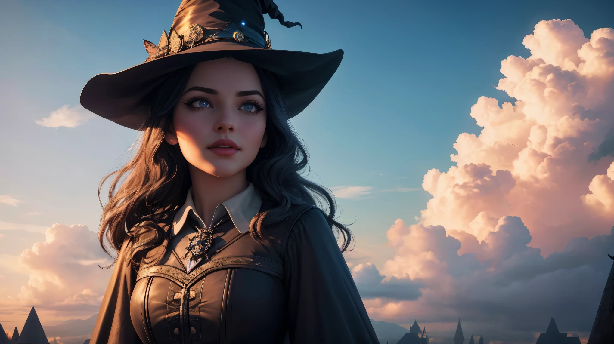 Witch side-sitting on a magical broom flying, majestic ascent, beautiful detailed eyes, beautiful detailed lips, extremely detailed eyes and face, long eyelashes, (best quality,4k,8k,highres,masterpiece:1.2), ultra-detailed, (realistic,photorealistic,photo-realistic:1.37), enchanting skyward journey, magical broomstick ride, whimsical side posture, mystical aerial display, wonderful cloud-filled sky, thrilling ride amongst clouds.