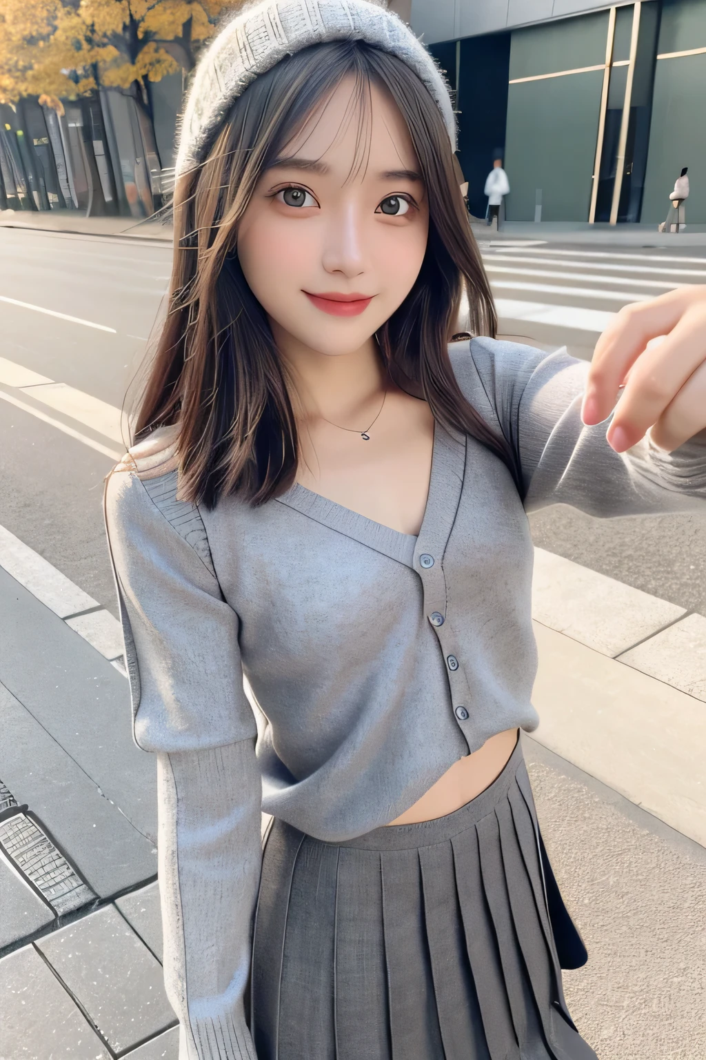 pieces fly、masterpiece、highest quality、Super detailed、High resolution、High resolution、8K portrait、unity 8k wallpaper、Detailed CG、unity 8k wallpaper、Detailed CGユニティ8kの壁紙、realistic、real person、portrait photography、shiny skin、(30 years old)、High resolution、beautiful clear eyes、very detailed explanation、delicate face、nice lips、thin waist、thin legs、1 girl、(gray fitted knit sweater:1.2)、(pleated skirt:1.2)、(flat chest:1.4)、((Self snap:1.4))、(smile:1.2)、(Walking trail:1.2)