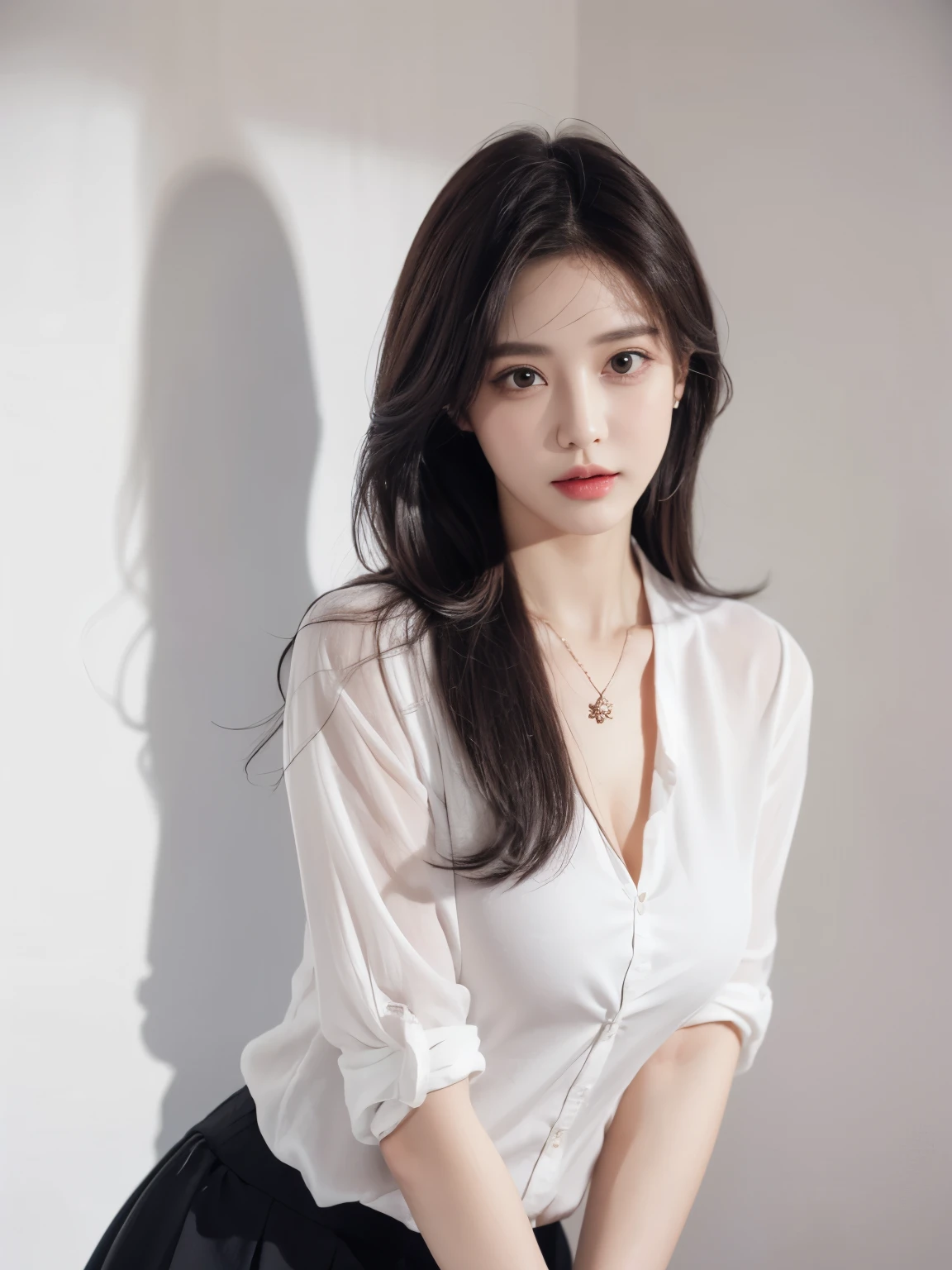 lifelike,high resolution：1.3）， A slim girl， The face shape and eyes are super delicate,black hair,red glossy lips, (best quality), (Super detailed), (Extremely detailed CG unified 8k wallpaper),(White background),(A little cleavage),sexy look,big eyes,(standing),Eyes look at the audience,Teardrop-shaped breasts,soft breasts,very realistic breasts,The character is centered,Wearing pendant, White button up shirt,Black skirt,