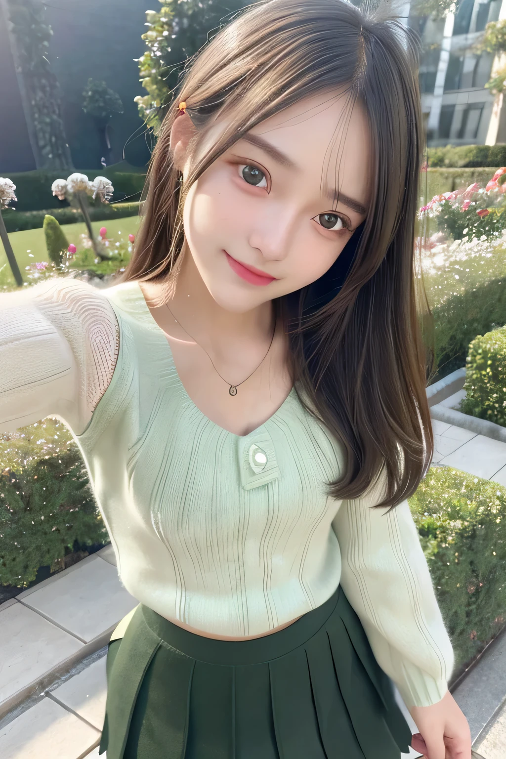 pieces fly、masterpiece、highest quality、Super detailed、High resolution、High resolution、8K portrait、unity 8k wallpaper、Detailed CG、unity 8k wallpaper、Detailed CGユニティ8kの壁紙、realistic、real person、portrait photography、shiny skin、(16 years old)、(cute:1.2)、High resolution、beautiful clear eyes、very detailed explanation、delicate face、nice lips、thin waist、thin legs、1 girl、(green knit sweater:1.2)、(pleated skirt:1.2)、(flat chest:1.4)、((Self snap:1.4))、(smile:1.2)、(garden:1.2)