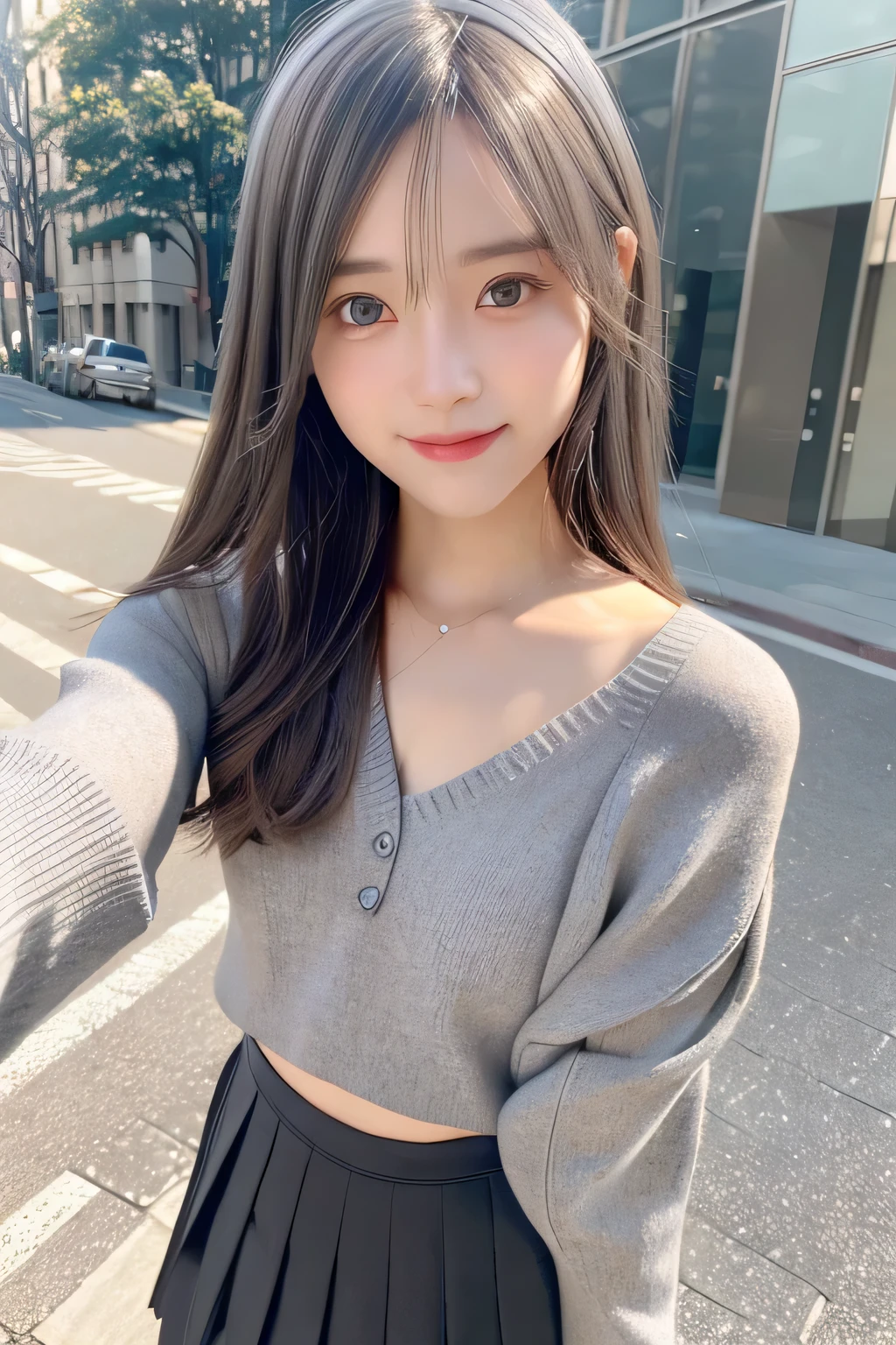 pieces fly、masterpiece、highest quality、Super detailed、High resolution、High resolution、8K portrait、unity 8k wallpaper、Detailed CG、unity 8k wallpaper、Detailed CGユニティ8kの壁紙、realistic、real person、portrait photography、shiny skin、(30 years old)、High resolution、beautiful clear eyes、very detailed explanation、delicate face、nice lips、thin waist、thin legs、1 girl、(gray fitted knit sweater:1.2)、(pleated skirt:1.2)、(flat chest:1.4)、((Self snap:1.4))、(smile:1.2)、(Walking trail:1.2)