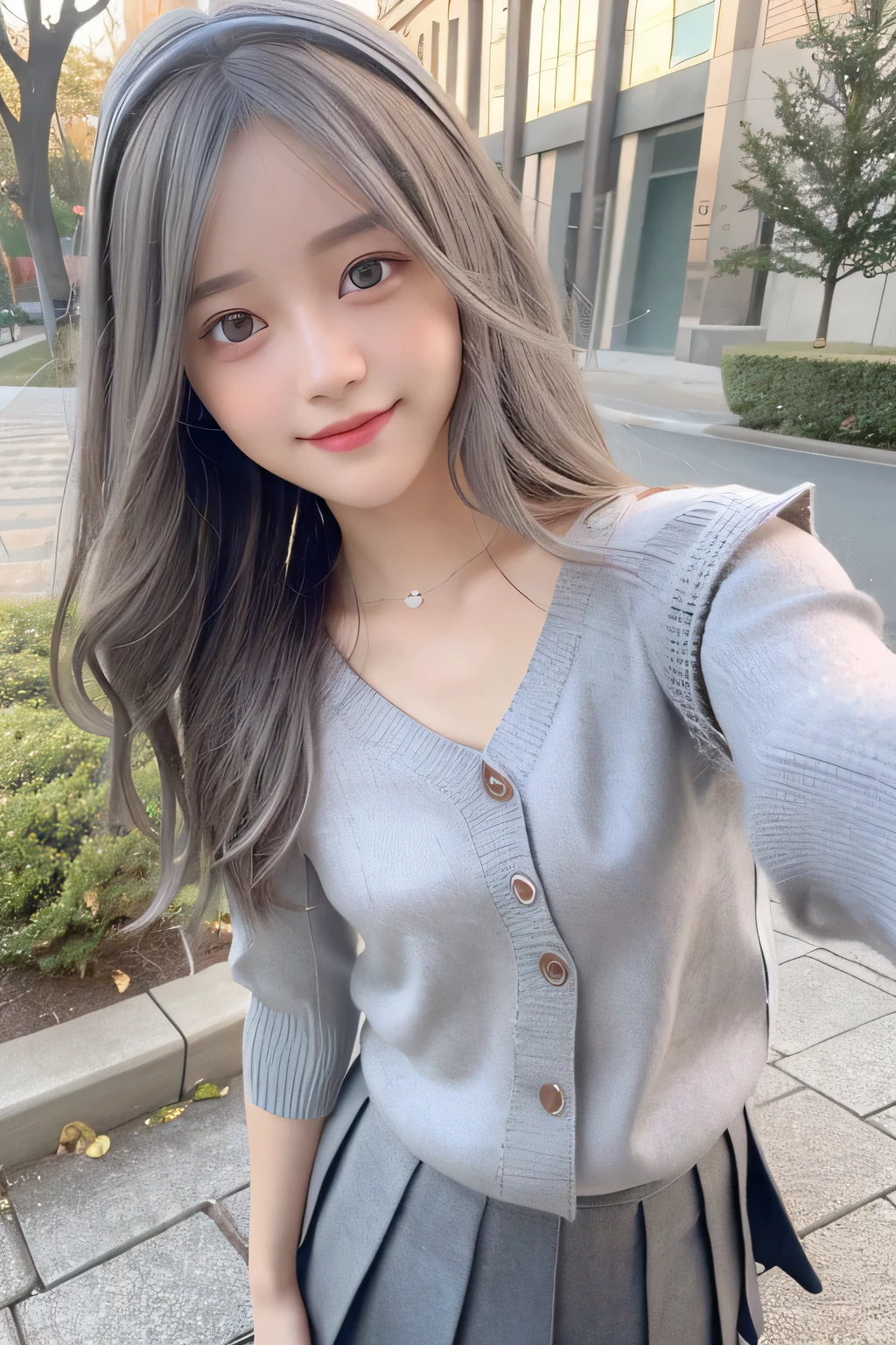 pieces fly、masterpiece、highest quality、Super detailed、High resolution、High resolution、8K portrait、unity 8k wallpaper、Detailed CG、unity 8k wallpaper、Detailed CGユニティ8kの壁紙、realistic、real person、portrait photography、shiny skin、(30 years old)、High resolution、beautiful clear eyes、very detailed explanation、delicate face、nice lips、thin waist、thin legs、1 girl、(gray fitted knit sweater:1.2)、(pleated skirt:1.2)、(flat chest:1.4)、((Self snap:1.4))、(smile:1.2)、(Walking trail:1.2)、(wavy hair:1.2)