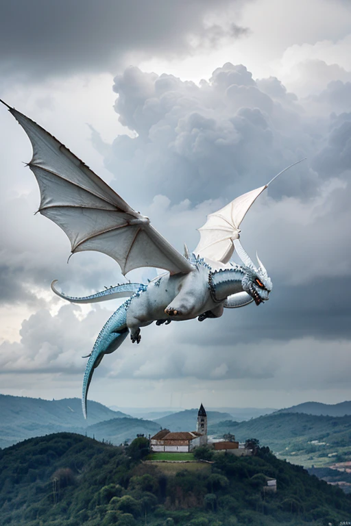 A large white and blue dragon flying in a cloudy and rainy sky, cuspindo chamas azuis da boca, abaixo um vale cheio de corpos em chamas azuis