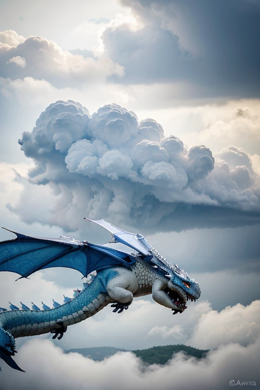 A large white and blue dragon flying in a cloudy and rainy sky, cuspindo chamas azuis da boca, abaixo um vale cheio de corpos em chamas azuis