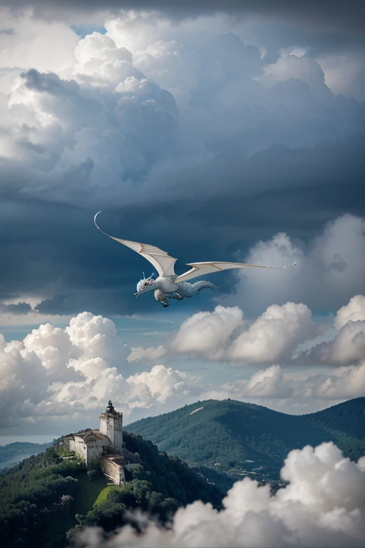 A large white and blue dragon flying in a cloudy and rainy sky, cuspindo chamas azuis da boca, abaixo um vale cheio de corpos em chamas azuis