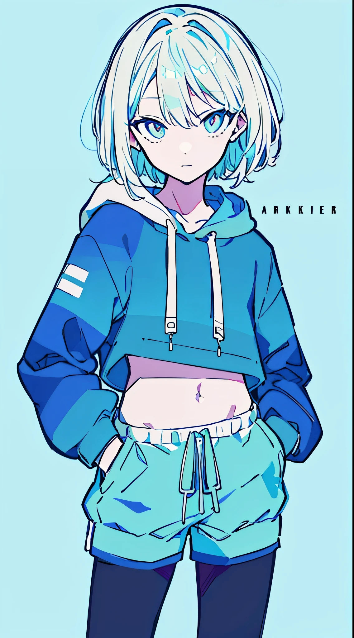 (masterpiece, highest quality:1.6), alone, thick outline, (simple background, Dark light blue background, monochrome, dark blue theme:1.2), official art, Key Visual, 8K, confused, whole body, (Unique hair, oversized hoodie, hot pants, arch back, short torso:1.2), belly button, thighs, cowboy shot, HDR, sharp focus, High resolution, most detailed, very detailed, Super detailed, finely, detailed eyes and face, sharp pupils, realistic student, alone, Contrast between light blue and white, alone, put one&#39;Hand in hand&#39;pocket of