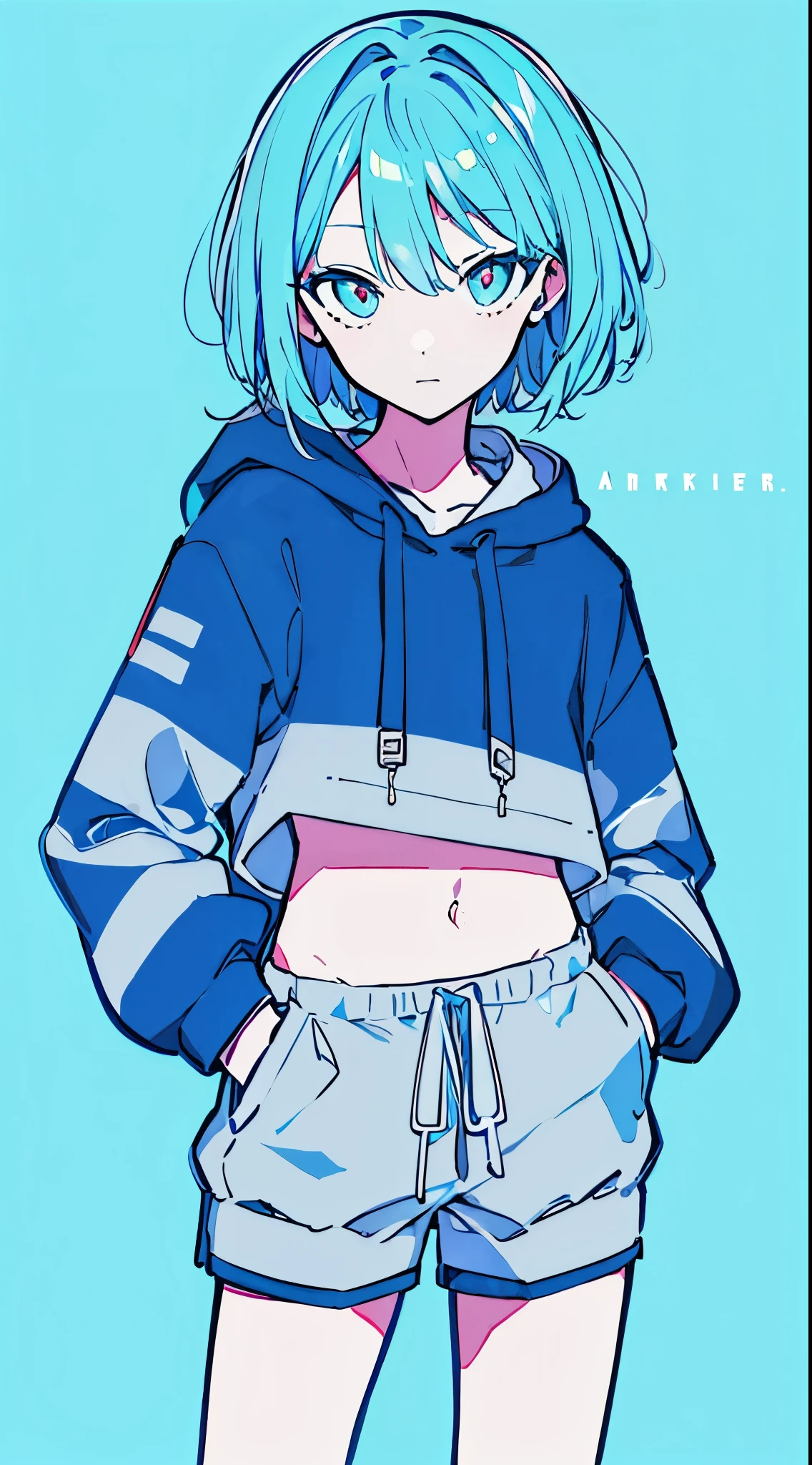 (masterpiece, highest quality:1.6), alone, thick outline, (simple background, Dark light blue background, monochrome, dark blue theme:1.2), official art, Key Visual, 8K, confused, whole body, (Unique hair, oversized hoodie, hot pants, arch back, short torso:1.2), belly button, thighs, cowboy shot, HDR, sharp focus, High resolution, most detailed, very detailed, Super detailed, finely, detailed eyes and face, sharp pupils, realistic student, alone, Contrast between light blue and white, alone, put one'Hand in hand'pocket of