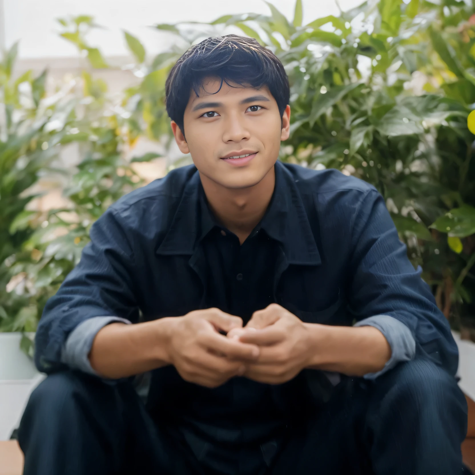 arafed man sitting on a bench in front of a plant, nivanh chanthara, ramil sunga, mohamed chahin, mid shot portrait, thawan duchanee, jayison devadas, tithi luadthong, josan gonzales, photo portrait, khyzyl saleem, portrait image, ayan nag, portait image