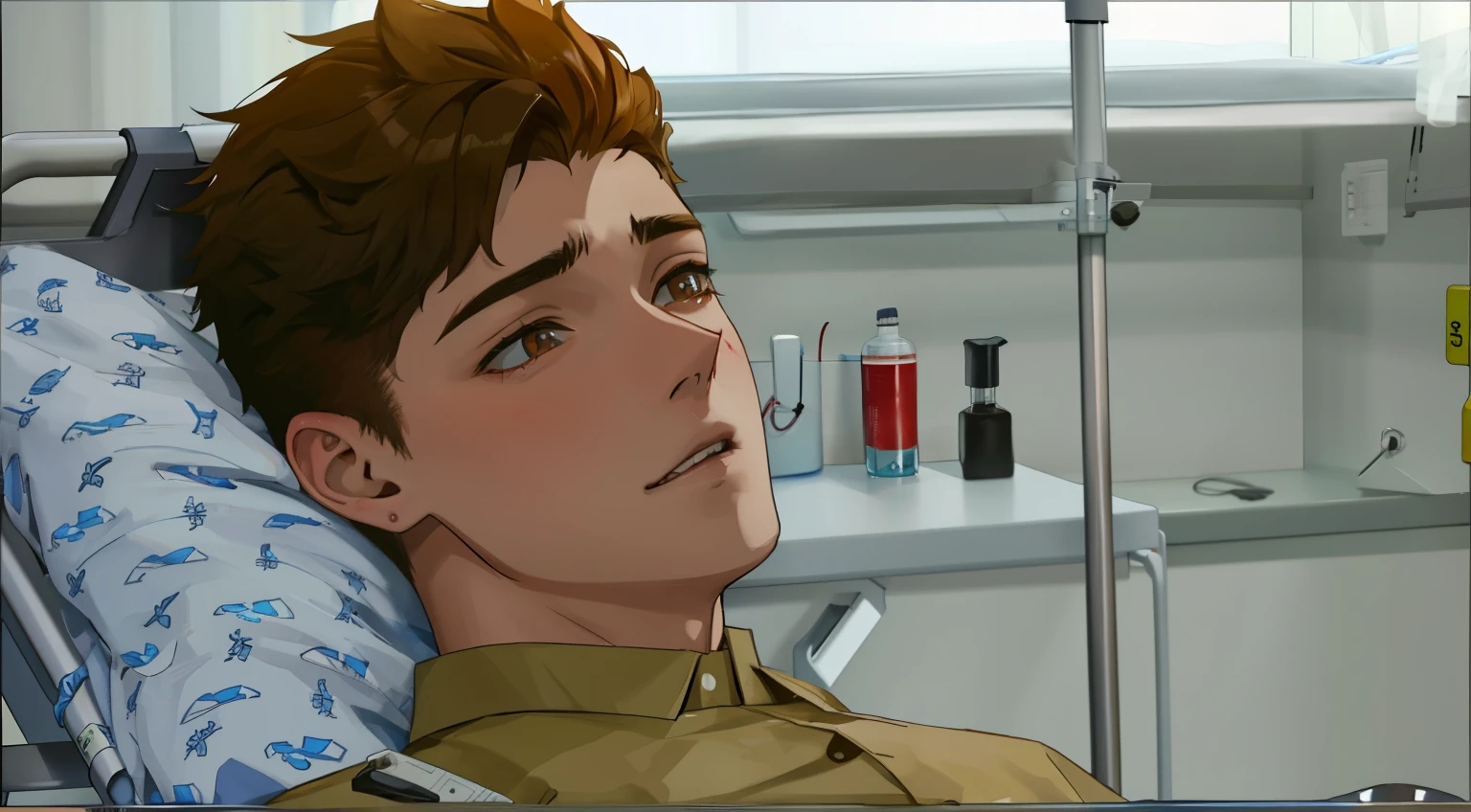 boy lying on a hospital stretcher sick devil