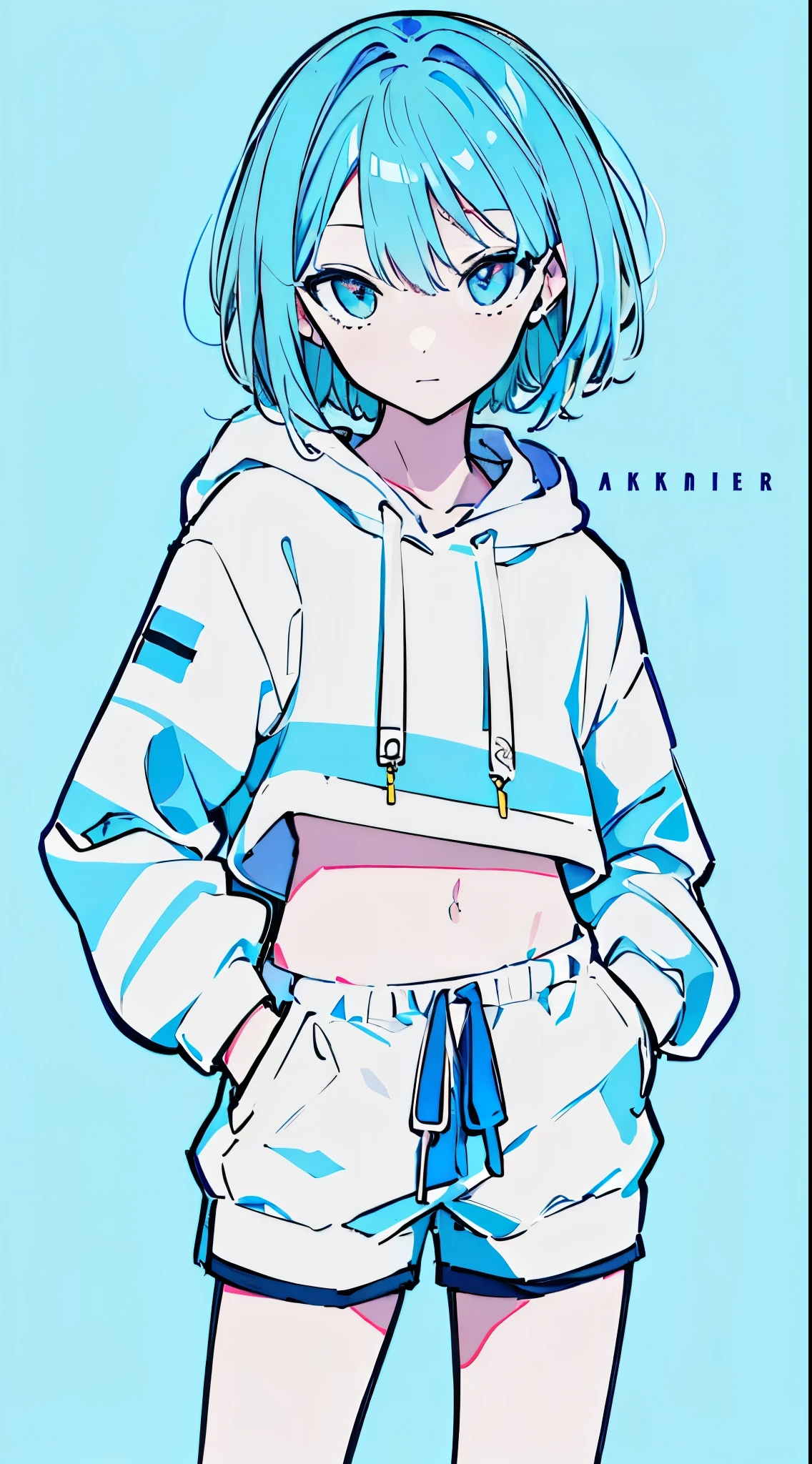 (masterpiece, highest quality:1.6), alone, thick outline, (simple background, Dark light blue background, monochrome, dark blue theme:1.2), official art, Key Visual, 8K, confused, whole body, (Unique hair, oversized hoodie, hot pants, arch back, short torso:1.2), belly button, thighs, cowboy shot, HDR, sharp focus, High resolution, most detailed, very detailed, Super detailed, finely, detailed eyes and face, sharp pupils, realistic student, alone, Contrast between light blue and white, alone, put one'Hand in hand'pocket of