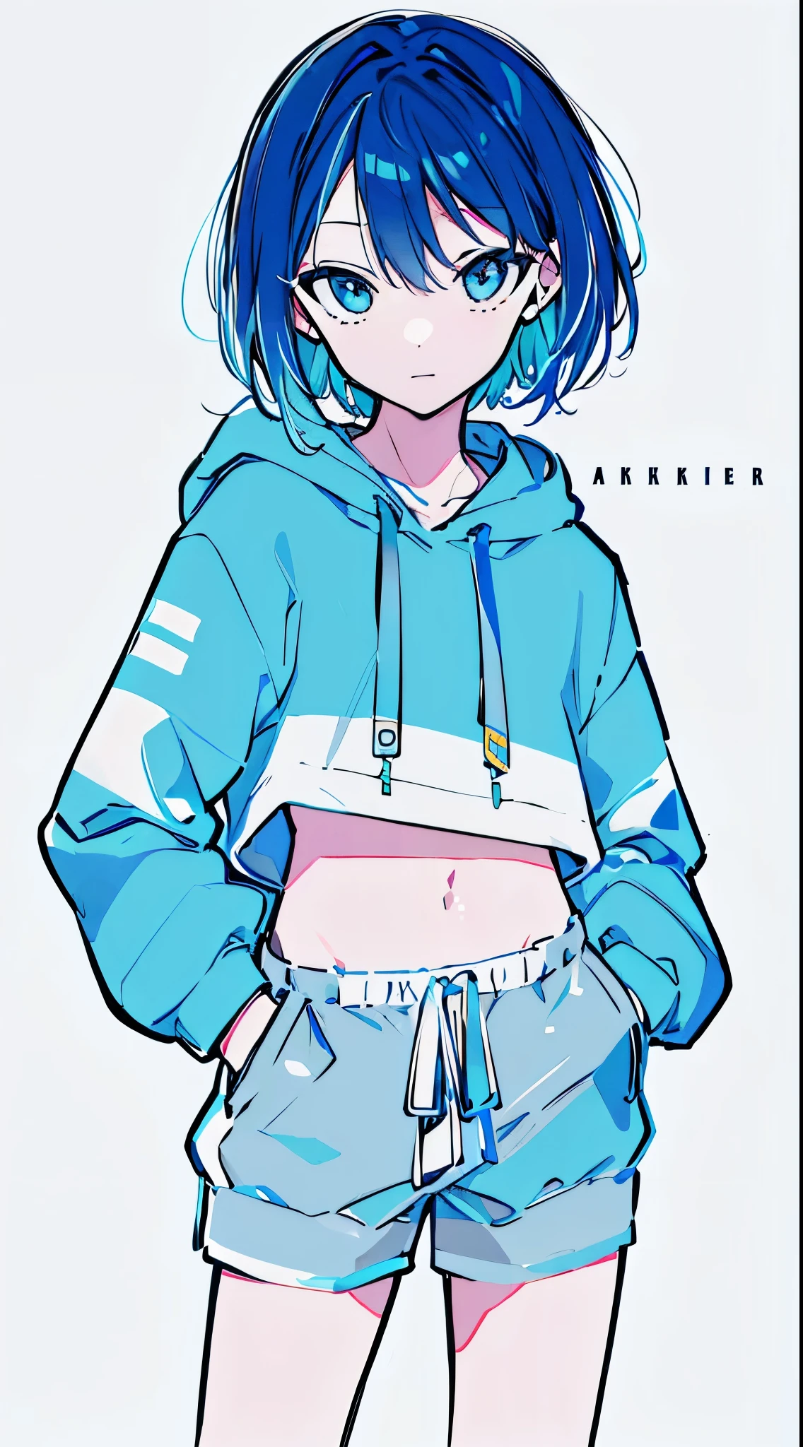 (masterpiece, highest quality:1.6), alone, thick outline, (simple background, Dark light blue background, monochrome, dark blue theme:1.2), official art, Key Visual, 8K, confused, whole body, (Unique hair, oversized hoodie, hot pants, arch back, short torso:1.2), belly button, thighs, cowboy shot, HDR, sharp focus, High resolution, most detailed, very detailed, Super detailed, finely, detailed eyes and face, sharp pupils, realistic student, alone, Contrast between light blue and white, alone, put one&#39;Hand in hand&#39;pocket of