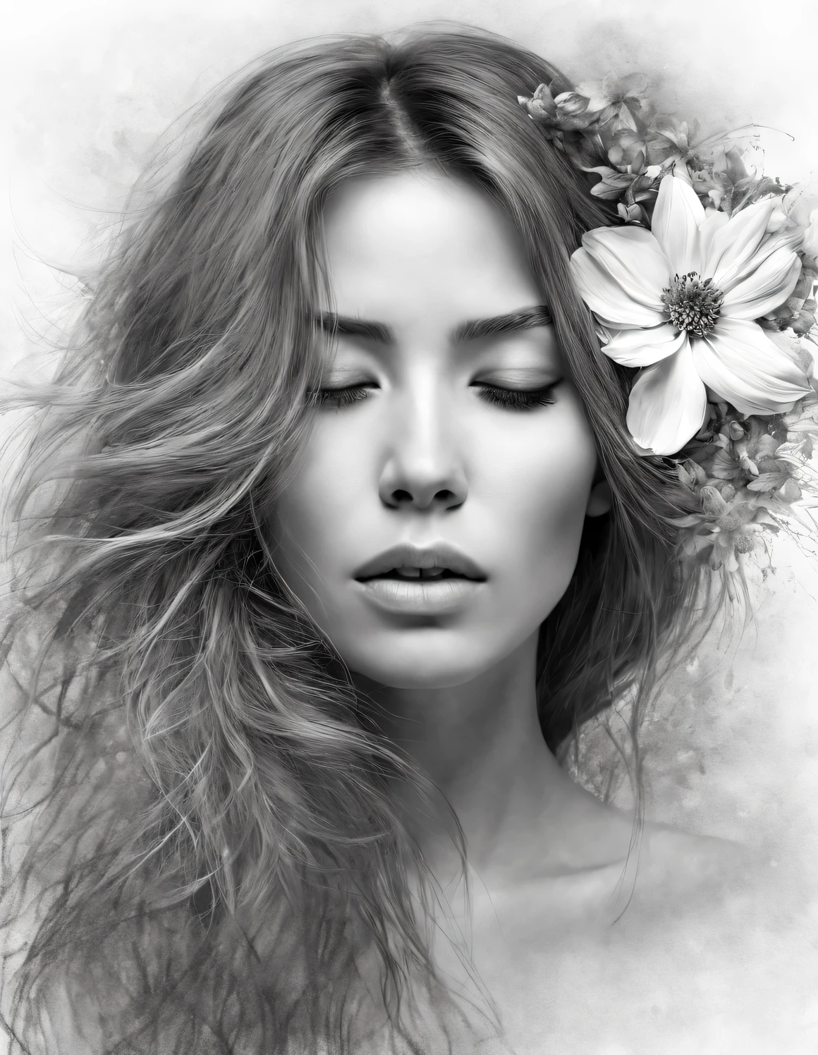 new romantic style, portrait, Beautiful detailed,Stylish photography style,Graphite painting art style,light field photography style, black and white photography,The perfect blend of styles (front) a beautiful woman,one eye closed,The other eye is covered by flowers,messy long hair