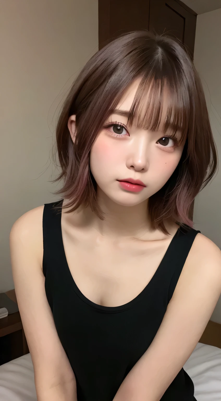 table top, highest quality, shape, Super detailed, finely, High resolution, In 8K,wallpaper, 完璧なダイナミックな構shape, beautiful and detailed eyes, black tank top,short bob hair、pink hair color,Big Natural Color Lip, bold sexy pose,crying a little、cold gaze,Harajuku、20 year old girl、cute、looking up at the ceiling、in a dark room、sleeping in bed