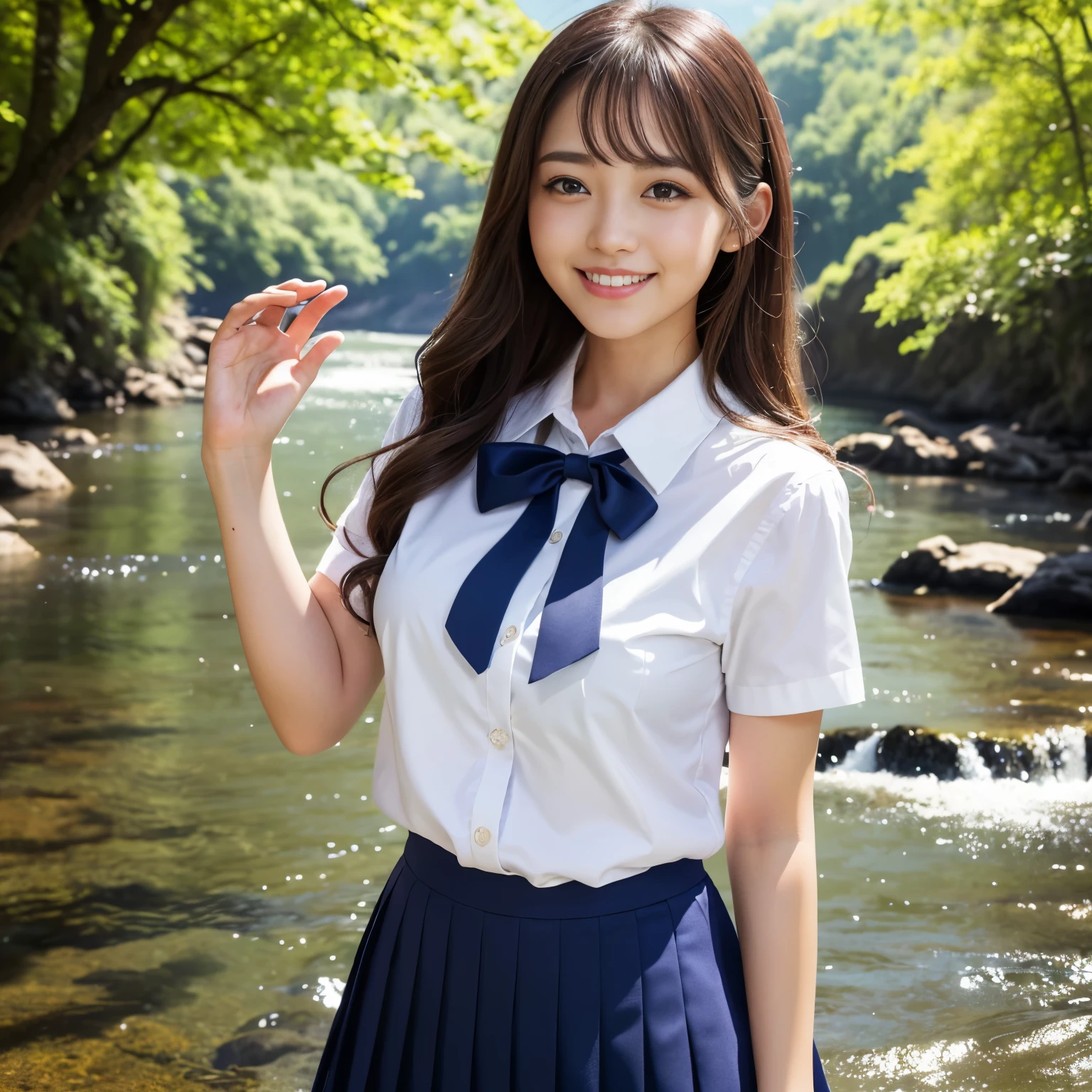 (masterpiece、highest quality、ultra high resolution、8K)、1 very beautiful 18 year old girl、(Perfect composition where the girl fits neatly into the frame:1.1)、perfect anatomy、wavy hair、(Big breasts that are about to burst:1.3)、(emphasize the bust line:1.3)、(high school uniform white shirt:1.1)、(High school uniform navy pleated skirt:1.15)、(Uniform ribbon that fits perfectly on the chest:1.1)、(美しくShining beautiful skin:1.1)、Brown glittery hair、valley in the forest、A beautiful river in a mysterious green forest、(The most transparent and beautiful river water:1.1)、waterfall in the background、Surrounded by the most magnificent nature、Mysteries of Nature、the most detailed and beautiful river、feelings of love、(Shining beautiful skin:1.1)、(Super high quality beautiful skin:1.1)、beautiful teeth、the happiest smile you'll ever see on me、very bright and refreshing、cool summer atmosphere、Refreshing summer、Are standing、In the glittering forest、(Moody and romantic portrait photography:1.2)、blurred background、bright summer colors、Surrounded by fantastic light