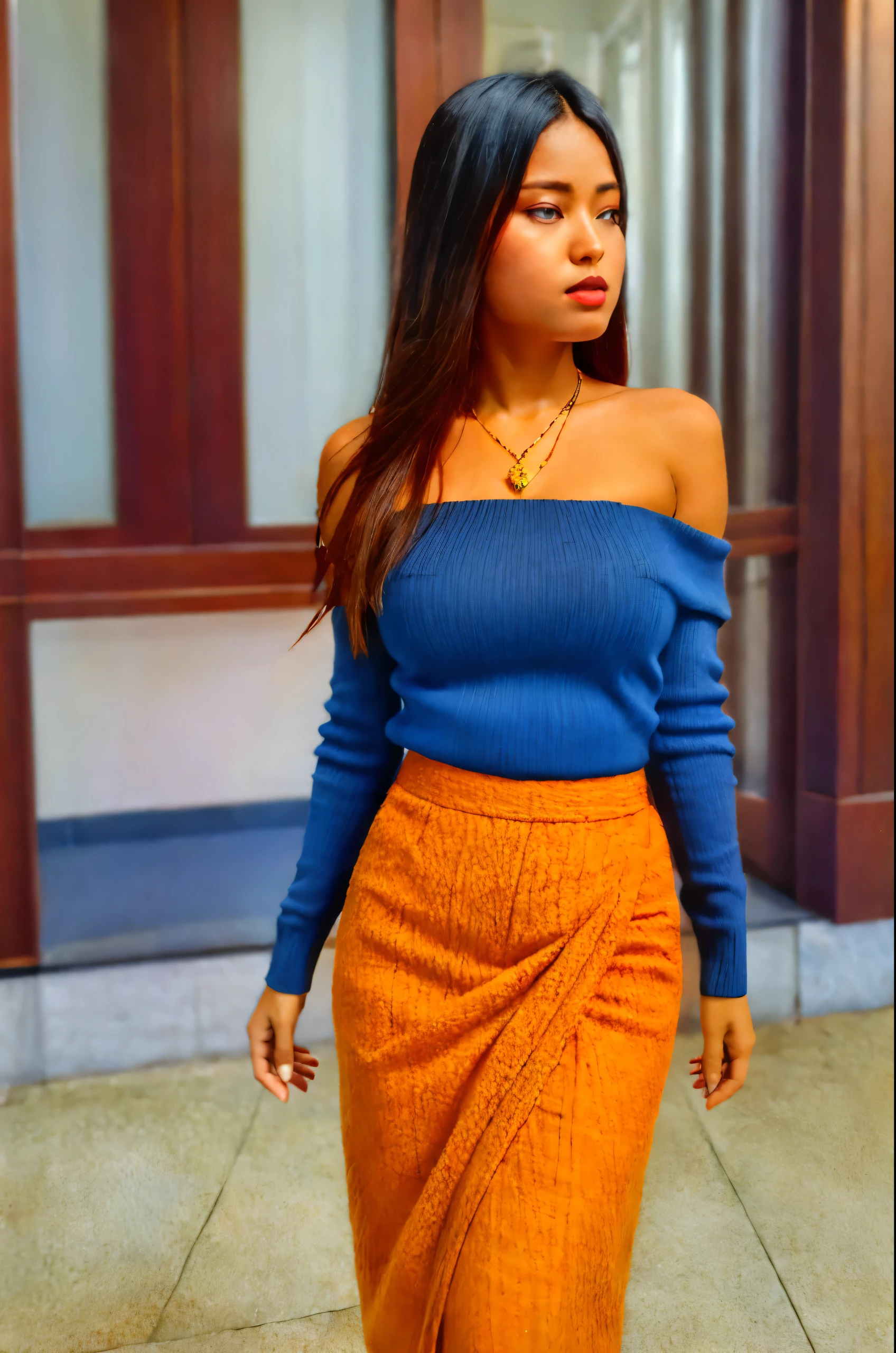 1girl in, age19, Solo, pretty lady MoonLay, full body side angle front view, Long hair, Colossal tits, Looking at Viewer, blondehair, Bare shoulders, Brown eyes, jewely, a necklace, off shoulders, Sweaters, stiletto high heel, Realistic, A sexy