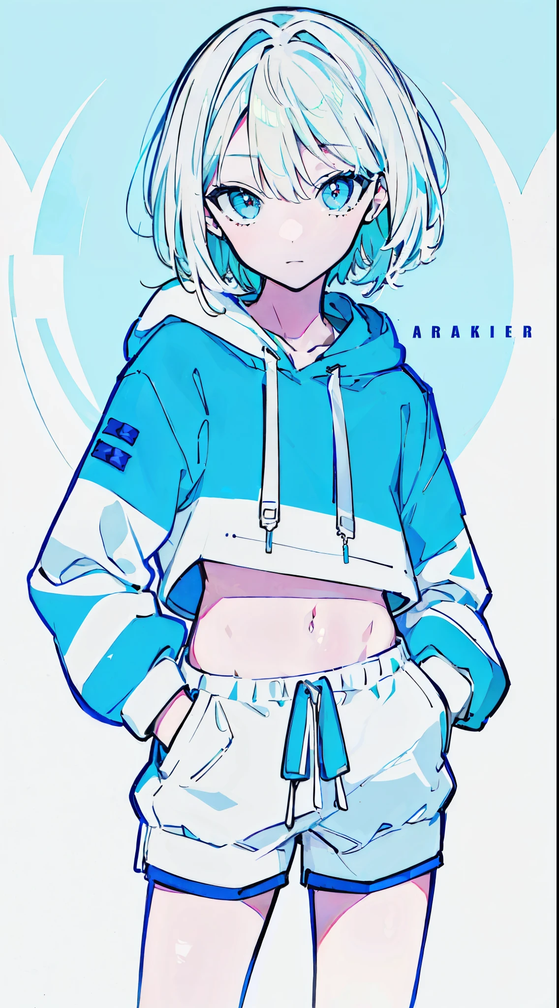 (masterpiece, highest quality:1.6), alone, thick outline, (simple background, Dark light blue background, monochrome, dark blue theme:1.2), official art, Key Visual, 8K, confused, whole body, (Unique hair, oversized hoodie, hot pants, arch back, short torso:1.2), belly button, thighs, cowboy shot, HDR, sharp focus, High resolution, most detailed, very detailed, Super detailed, finely, detailed eyes and face, sharp pupils, realistic student, alone, Contrast between light blue and white, alone, put one'Hand in hand'pocket of