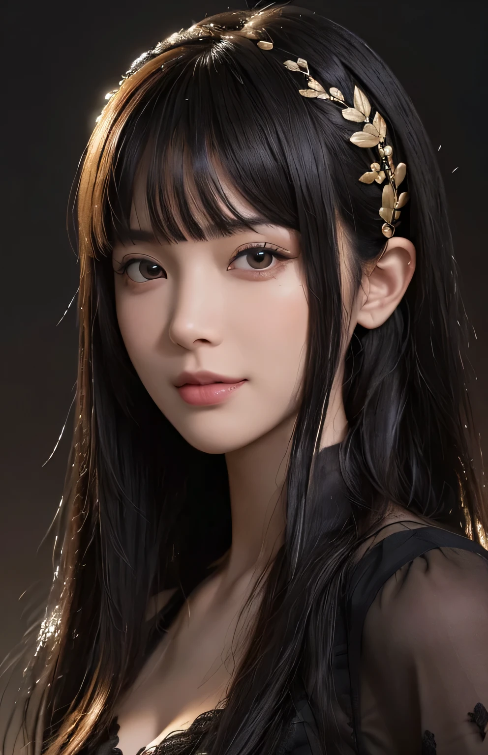 (surreal), (shape), (Improved resolution), (8K), (very detailed), (Best shape), (beautiful and detailed eyes), (highest quality), (Super detailed), (masterpiece ), ( wallpaper), (detailed face), alone, 1 girl, looking at the viewer, small details, detailed face, in the dark, deep shadow, private key, Pure erotic face ace_v1, smile, long hair, black shawl straight hair , 46 point diagonal bangs