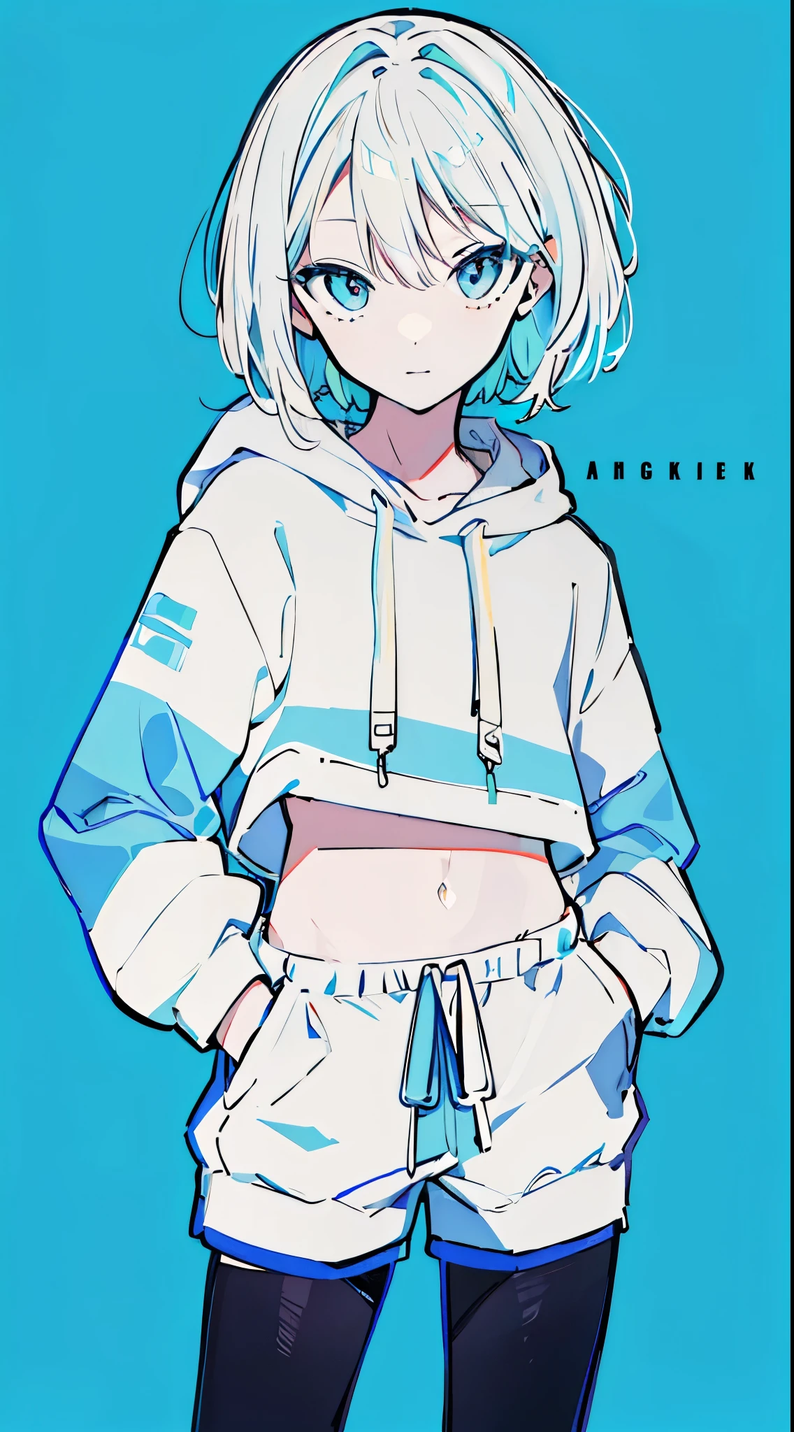 (masterpiece, highest quality:1.6), alone, thick outline, (simple background, Dark light blue background, monochrome, dark blue theme:1.2), official art, Key Visual, 8K, confused, whole body, (Unique hair, oversized hoodie, hot pants, arch back, short torso:1.2), belly button, thighs, cowboy shot, HDR, sharp focus, High resolution, most detailed, very detailed, Super detailed, finely, detailed eyes and face, sharp pupils, realistic student, alone, Contrast between light blue and white, alone, put one'Hand in hand'pocket of