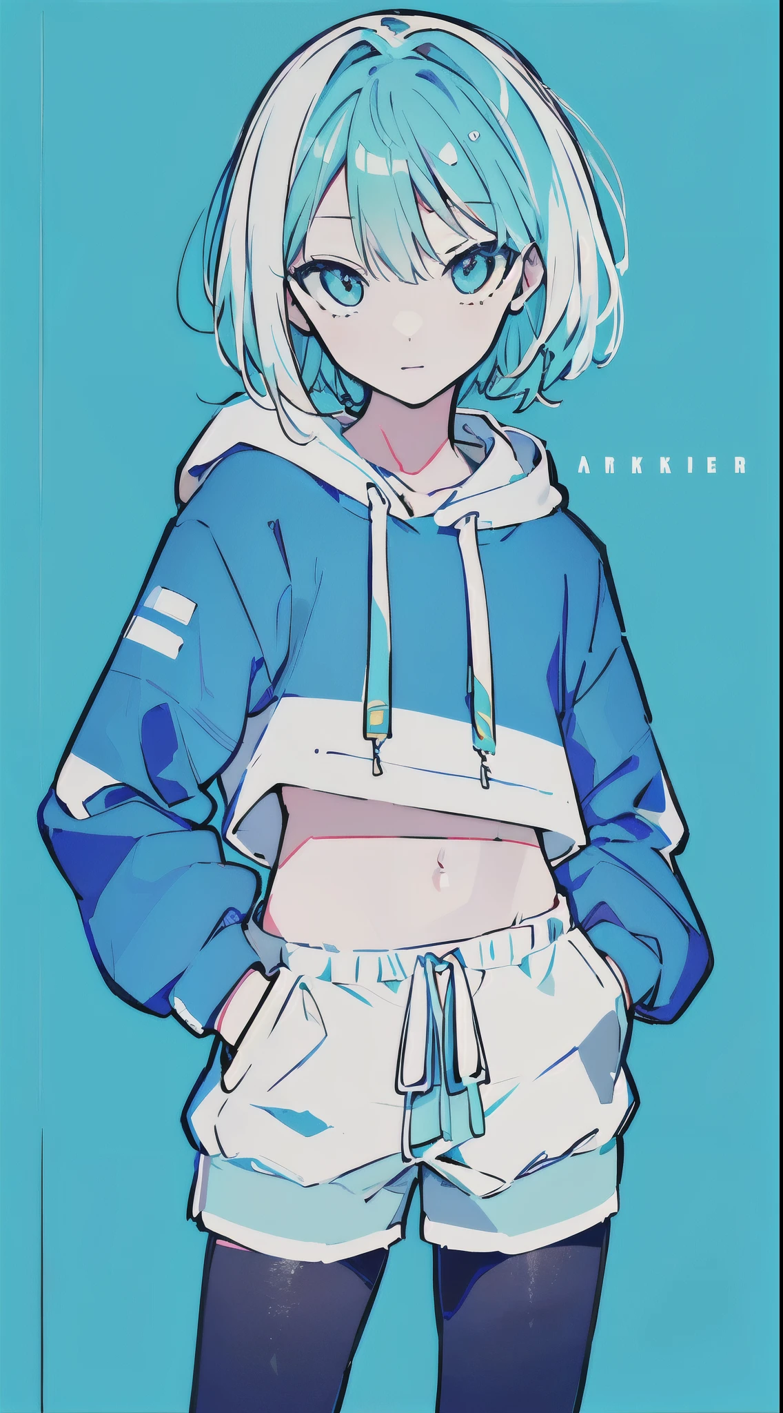 (masterpiece, highest quality:1.6), alone, thick outline, (simple background, Dark light blue background, monochrome, dark blue theme:1.2), official art, Key Visual, 8K, confused, whole body, (Unique hair, oversized hoodie, hot pants, arch back, short torso:1.2), belly button, thighs, cowboy shot, HDR, sharp focus, High resolution, most detailed, very detailed, Super detailed, finely, detailed eyes and face, sharp pupils, realistic student, alone, Contrast between light blue and white, alone, put one&#39;Hand in hand&#39;pocket of