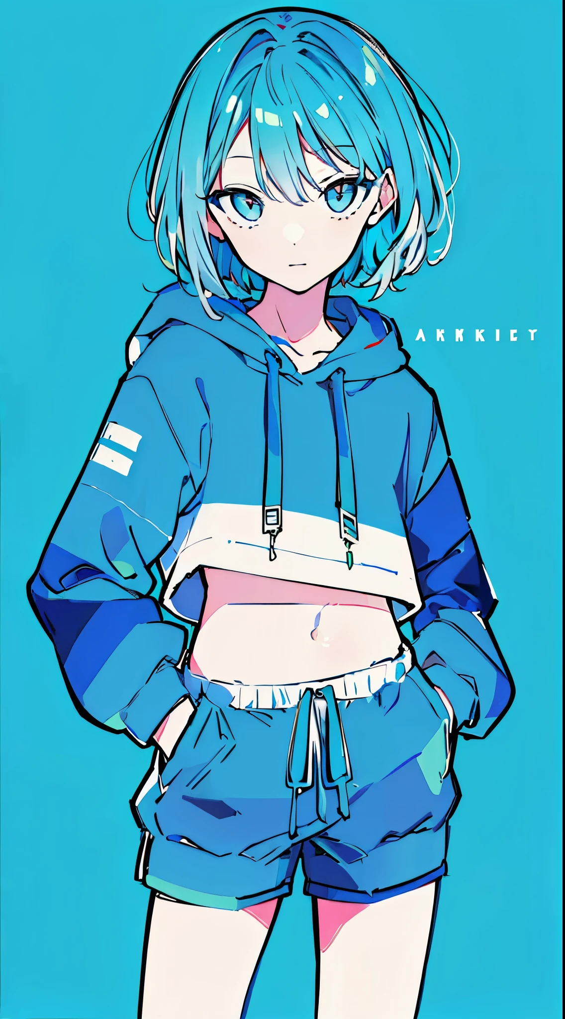 (masterpiece, highest quality:1.6), alone, thick outline, (simple background, Dark light blue background, monochrome, dark blue theme:1.2), official art, Key Visual, 8K, confused, whole body, (Unique hair, oversized hoodie, hot pants, arch back, short torso:1.2), belly button, thighs, cowboy shot, HDR, sharp focus, High resolution, most detailed, very detailed, Super detailed, finely, detailed eyes and face, sharp pupils, realistic student, alone, Contrast between light blue and white, alone, put one'Hand in hand'pocket of
