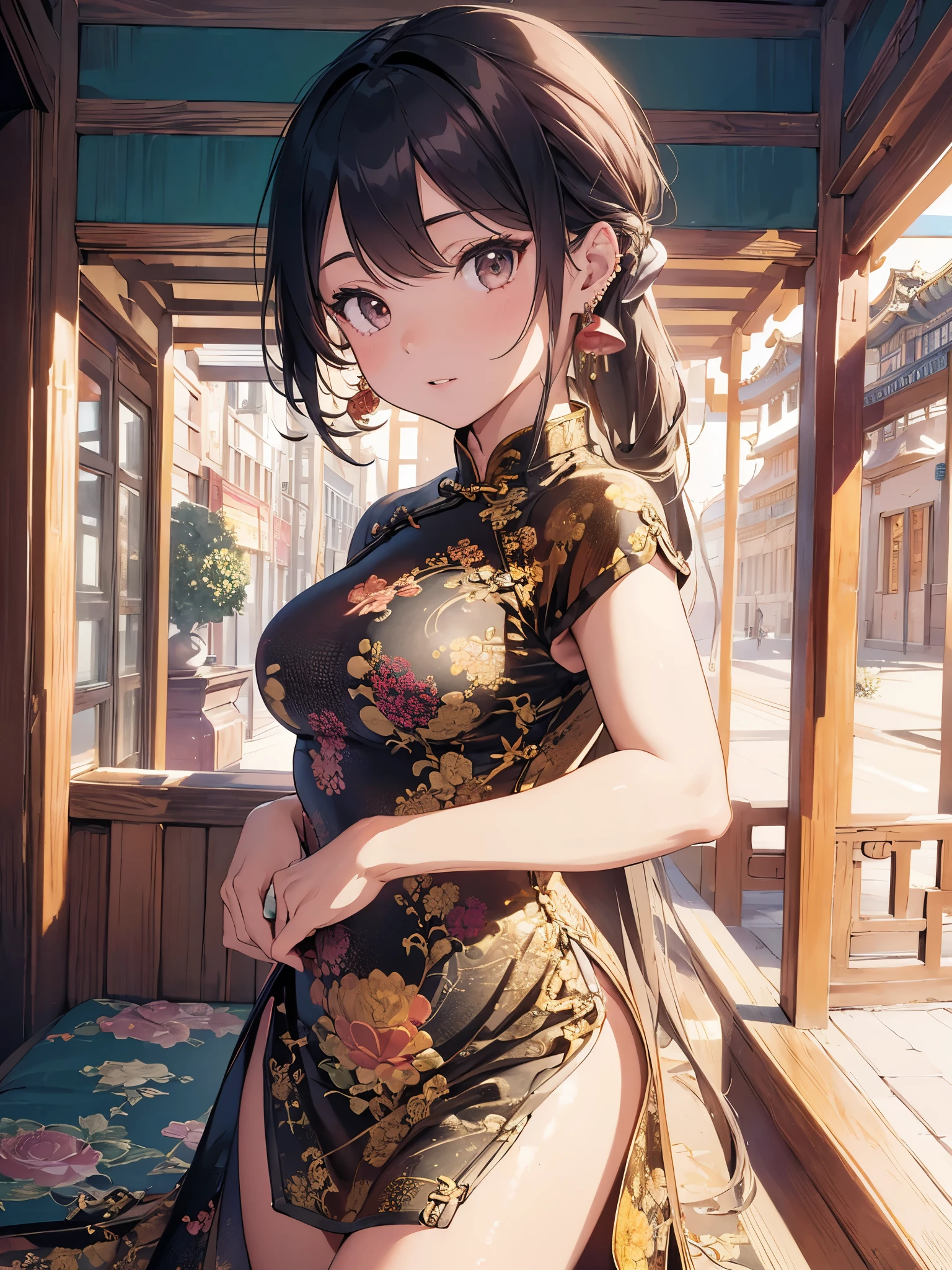 (masterpiece, highest quality, highest quality, official art, beautiful and aesthetic:1.2), (1 girl:1.3), very detailed,most detailed, (dynamic pose), (bedroom background:1.3), (China dress:1.5), (shiny skin), (lots of colors:1.4), ,(earrings:1.4),on the bed